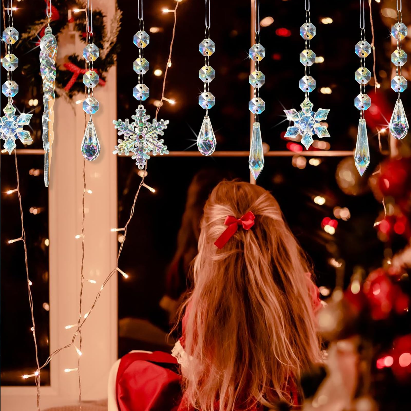 Lot de 80 décorations de Noël effet cristal irisé, flocons de neige et stalactites en acrylique, décorations à suspendre pour sapin de Noël, fêtes d'hiver, mariage, fête de thème Reine des neiges