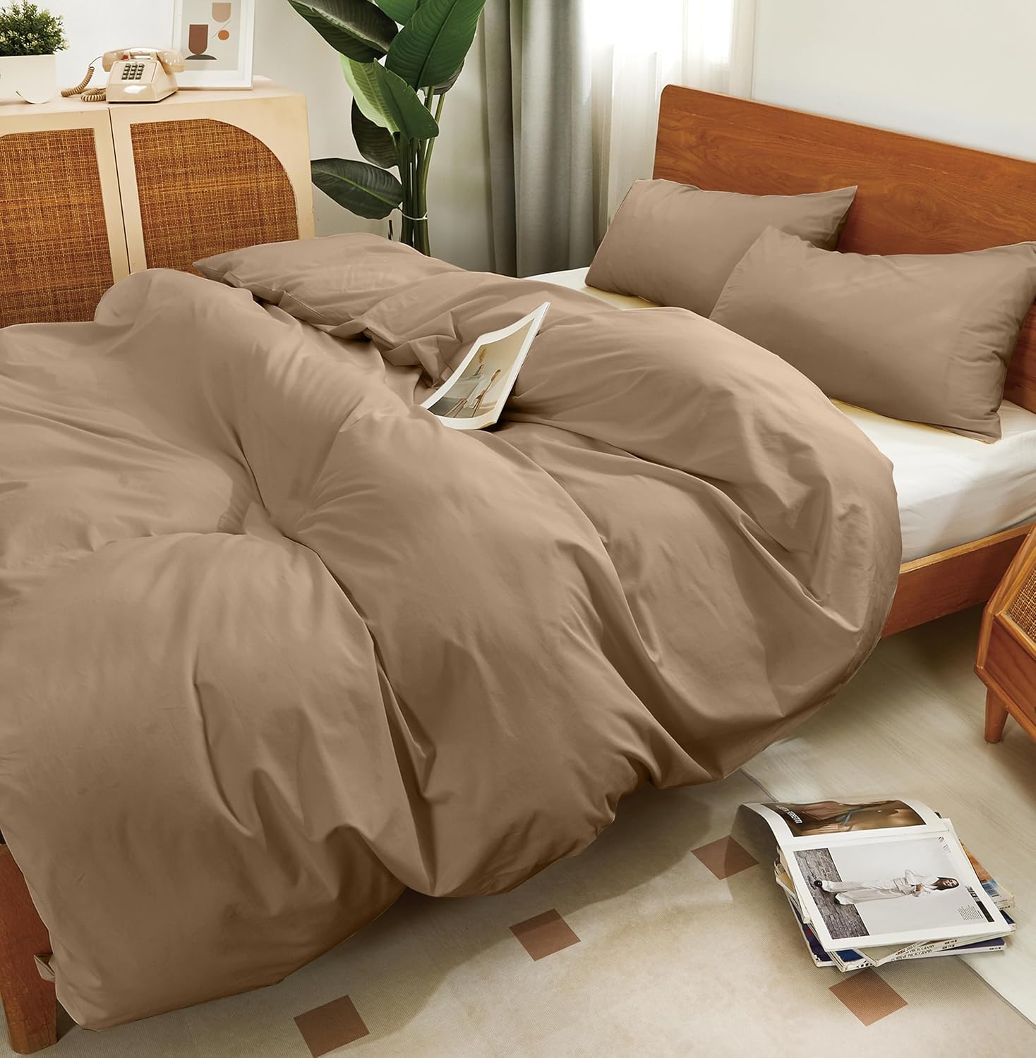 Brown Cotton Duvet Cover Queen Set 3 Pieces, 1 Duvet Cover 90x90 (Comforter Not Included) and 2 Pillowcases,4 Ties and Zip Closure, Soft and Breathable, Brown,Queen