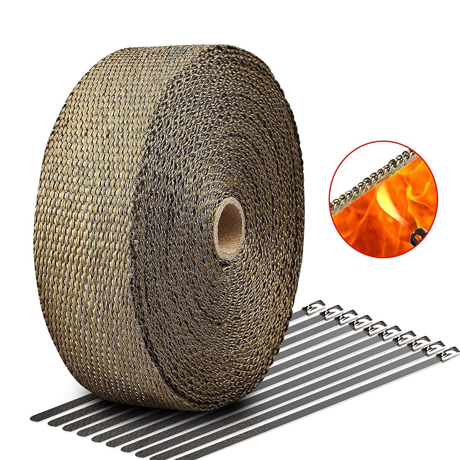 Taśma chroniąca przed wysoką temperaturą, włókno bazaltowe, taśma do rury wydechowej, 15 m x 50 mm, 15 sztuk, do kolektorów wachlarzowych, taśma termiczna, ochrona przed wysoką temperaturą do 1000°C, do samochodu, motocykla, rury wydechowej, brązowy mosią