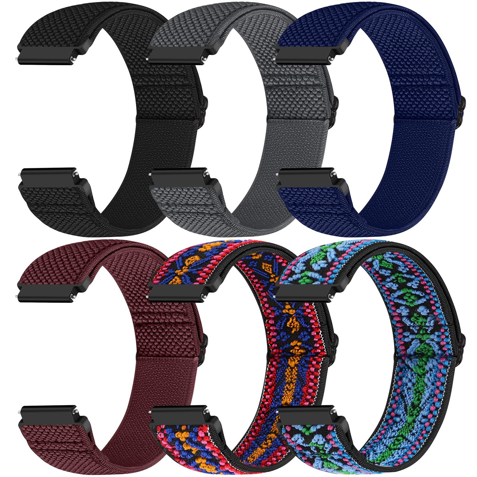 Photo 1 of Runostrich Quick Release Watch Band 22mm 20mm 19mm 18mm, Elastic Nylon Wacth Bands for Samsung Galaxy Watch/Garmin Watch/Fossil Watch/Huawei Watch Nylon Replacement Strap for Women Men, 6pcs Black+Grey+Indigo+Wine Red+Boho Blue+Boho Red 18mm