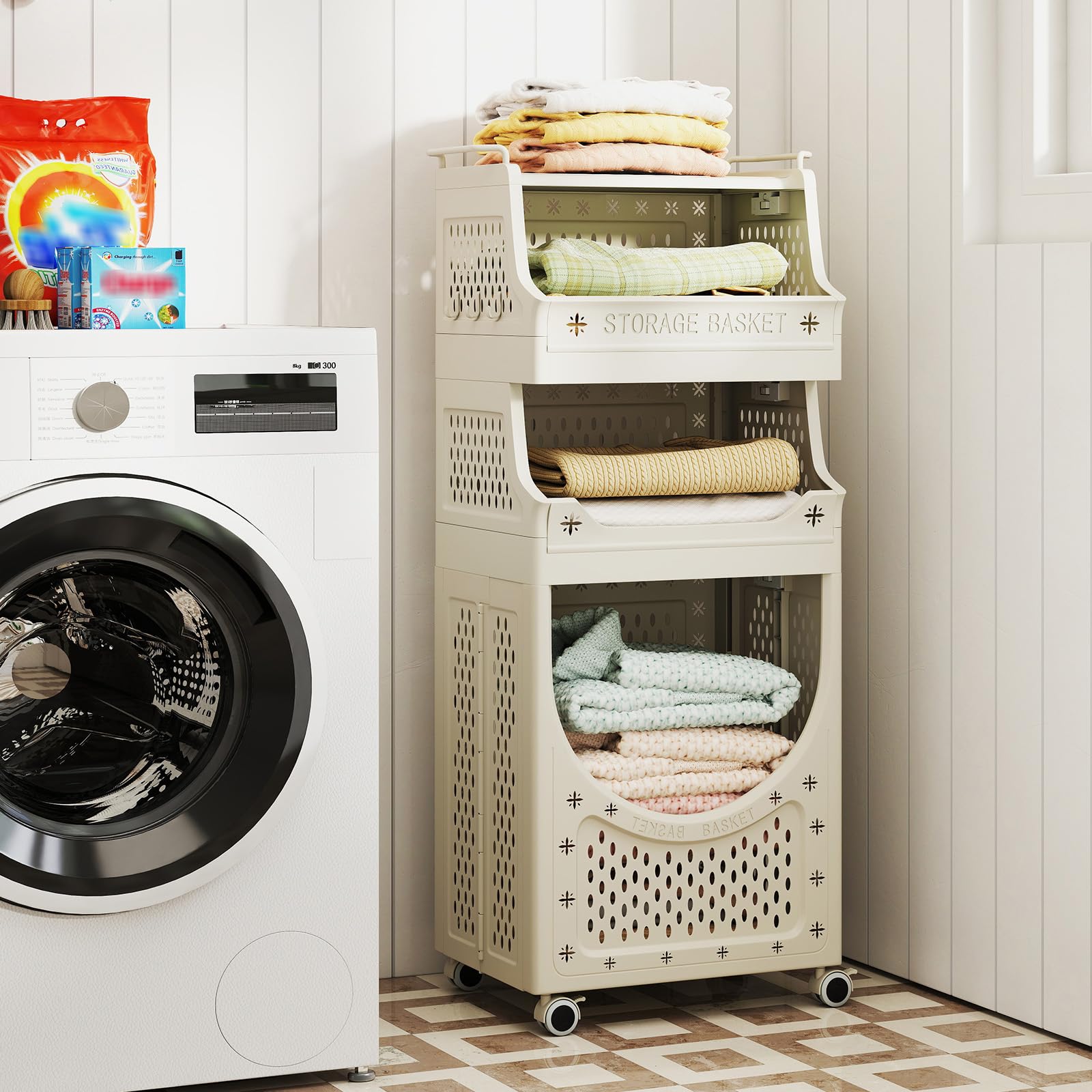 GOPLUS Carrito para Ropa Sucia con Ruedas, Cesta de Ropa con 3/4 Estantes y Cubo Extraíble, Compartimento Abierto y 6 Ganchos, Contenedor Plegable Plástico para Baño Lavandería (21L+21L+40L)