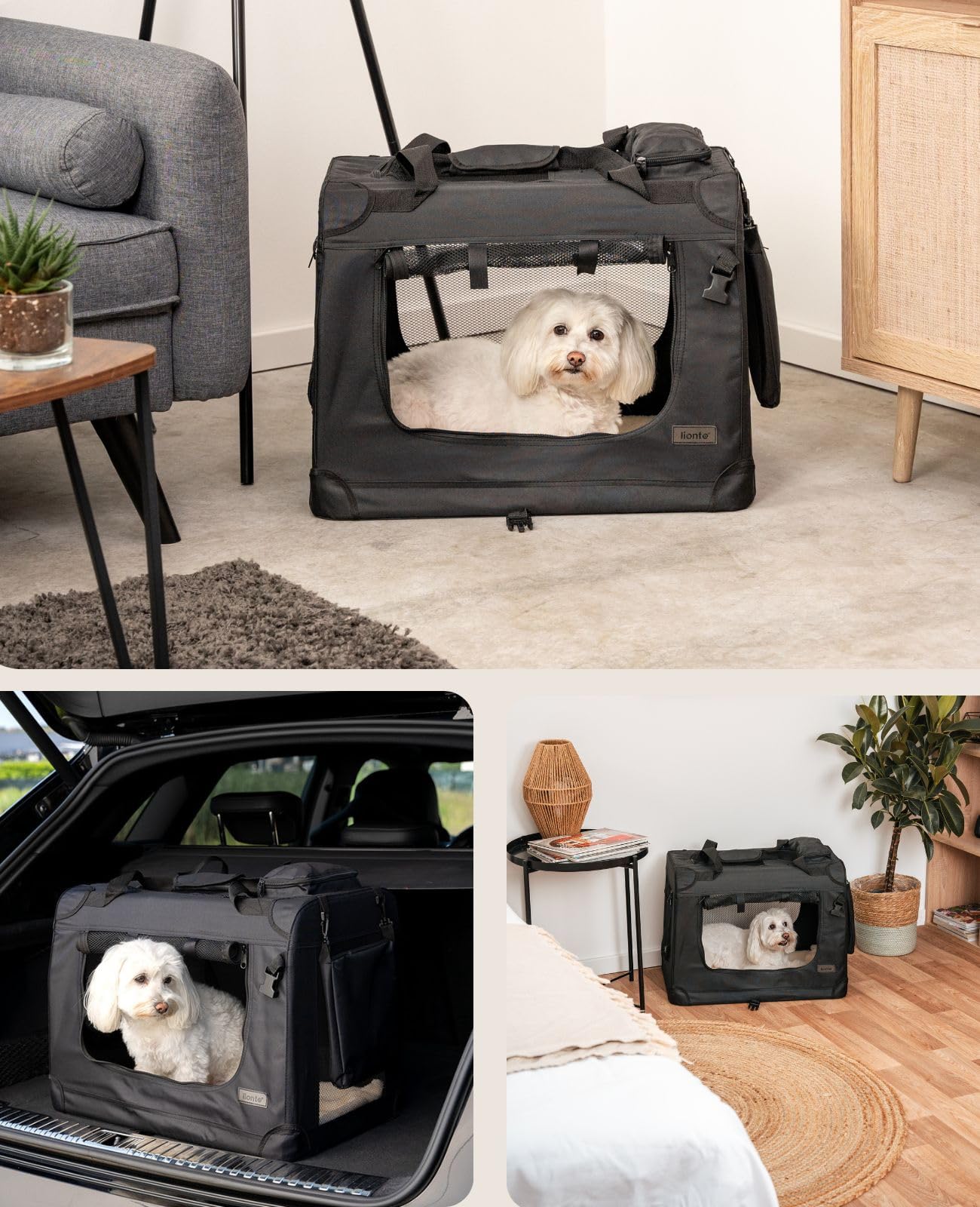 lionto Borsa trasportino per cani pieghevole per viaggi e auto, 60x42x44 cm, box di trasporto stabile con maniglie per gatti e animali fino a 12 kg, scatola in tessuto, nero