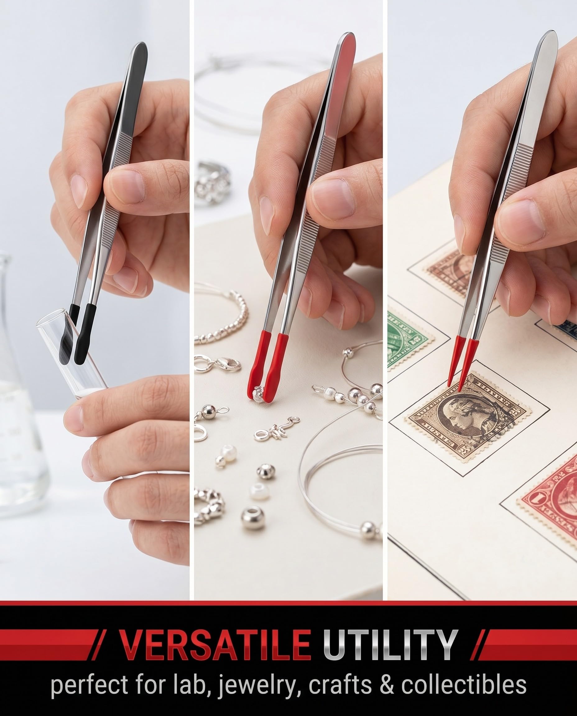 3 pezzi Pinzette Modellismo,pinzette di precisione, Pinzette Di Precisione,Con Punta Piatta In Gomma Pvc Piatte Antiscivolo Per Laboratori Gioielli Francobolli, pinzette