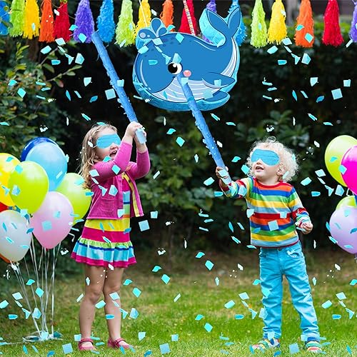 Miniatura 5 de Suministros para fiesta de cumpleaños de ballena, piñata de ballena azul con una venda y murciélago debajo del mar, decoraciones de fiesta de