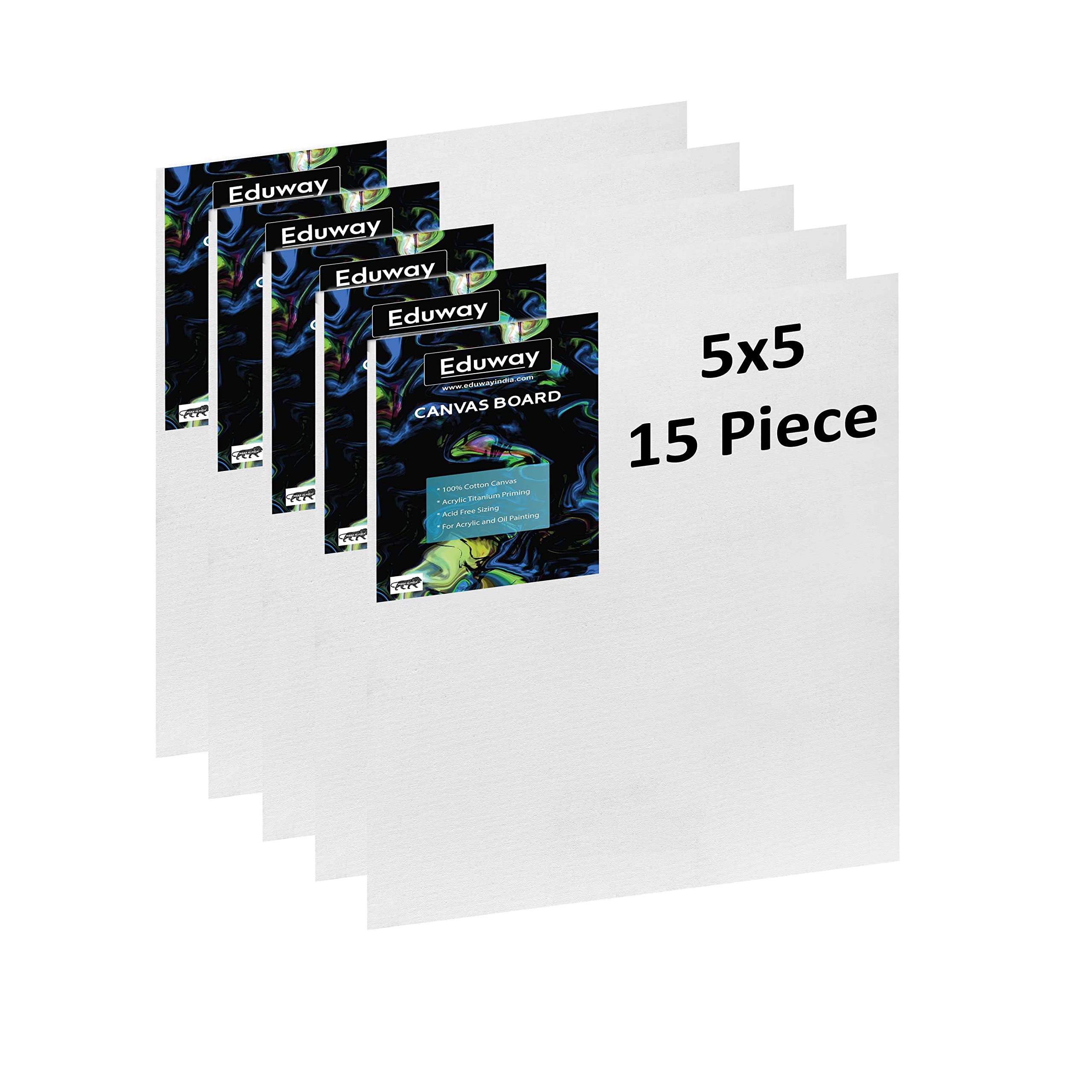 Eduway Medium Grain 5x5 inch Cotton Canvas Board- Pack of 15, (13x13 cms) with 4mm MDF Board Backing, for Painting