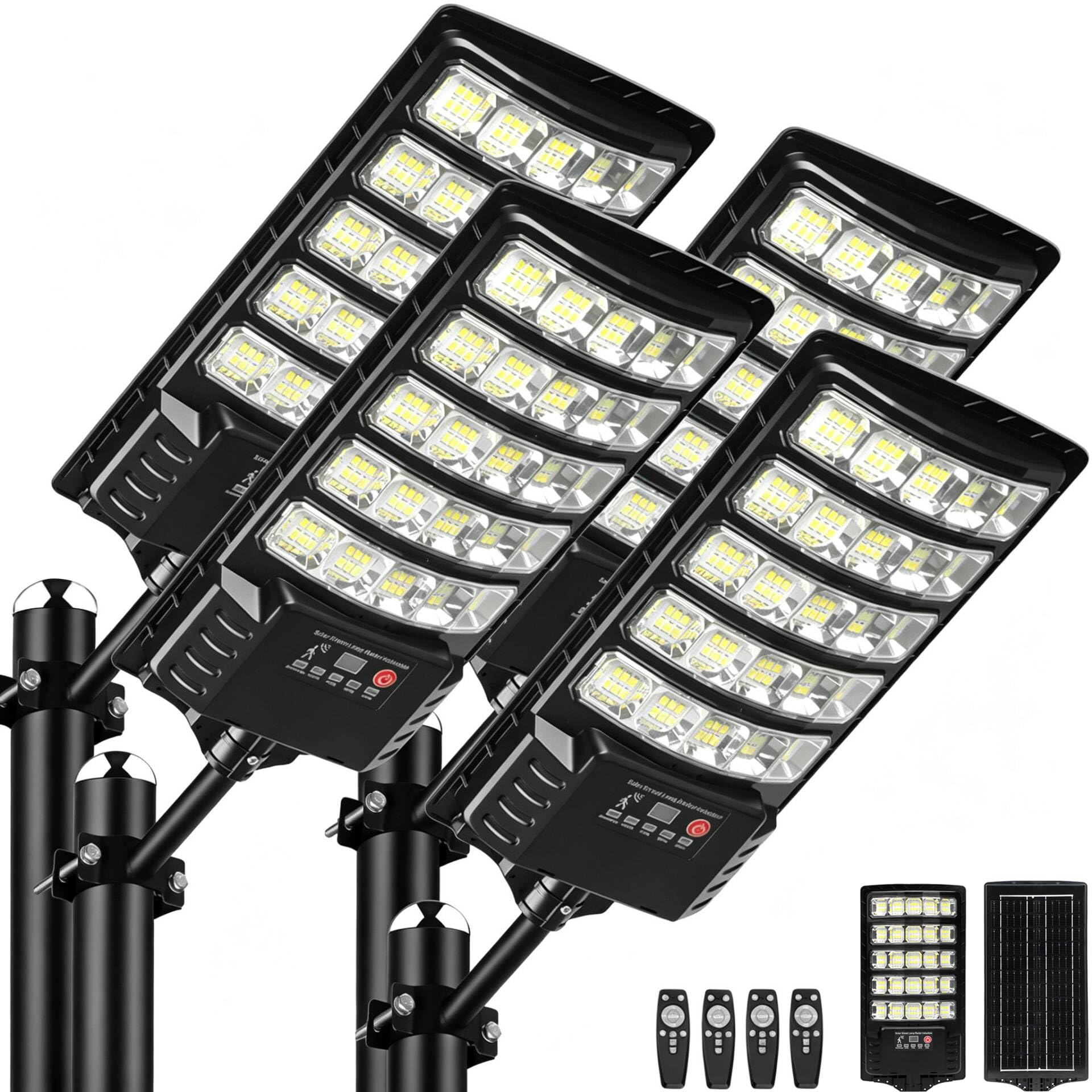 4-Pack Solar Street Lights Outdoor, 30000lm Solar Flood Light with Dual Motion Sensors, Dusk to Dawn, IP66 Waterproof, Solar Powered Parking Lot Light with Remote Control, 6500k Dimmable Security Lamp