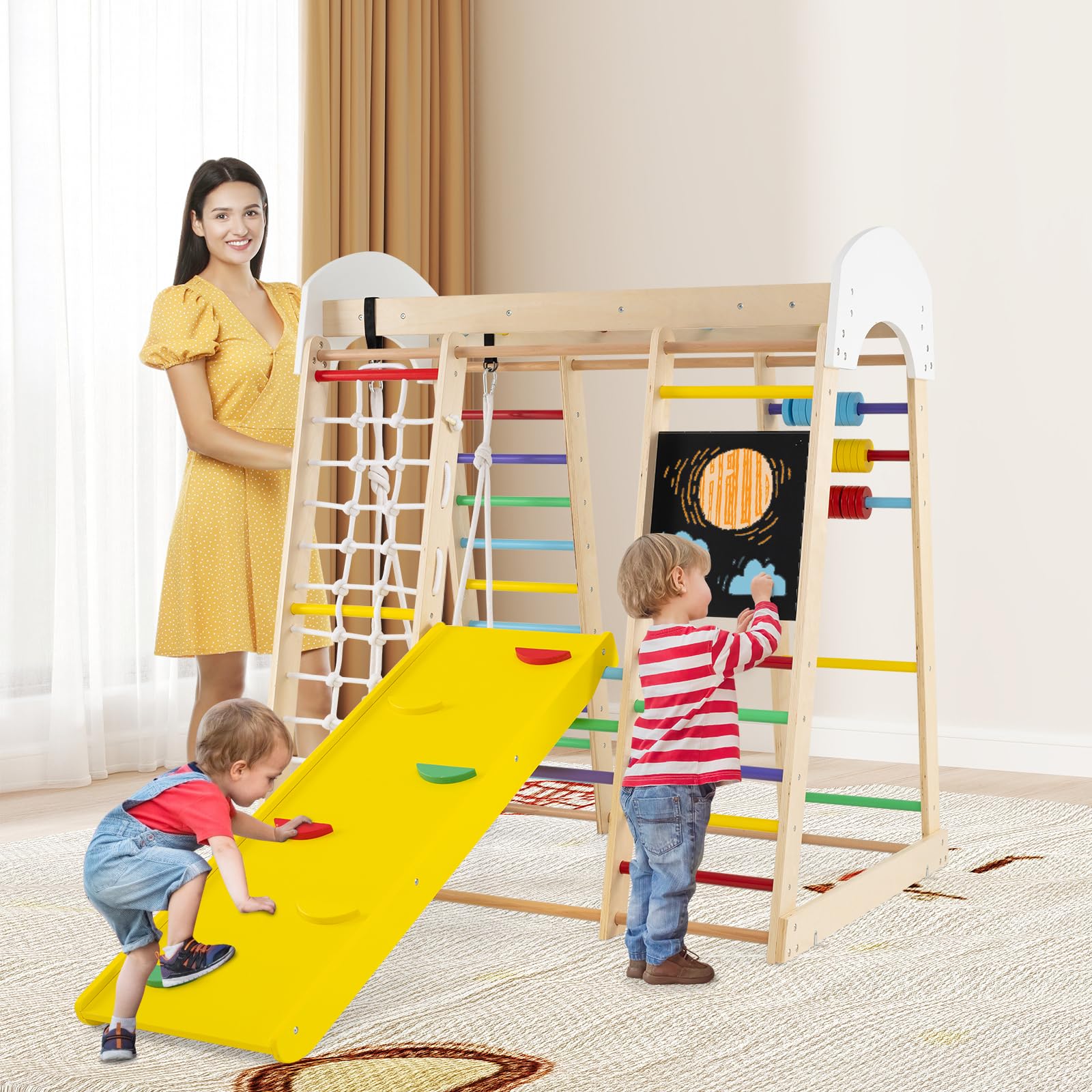 COSTWAY Set Escalada 7 en 1 para Niños,Escaldada de Madera con Rocas de Escalar y Escalera, Red de Escalada, Barra Horizontal, Centro Actividad de Interior para Niños 3+ Años (Multicolor)
