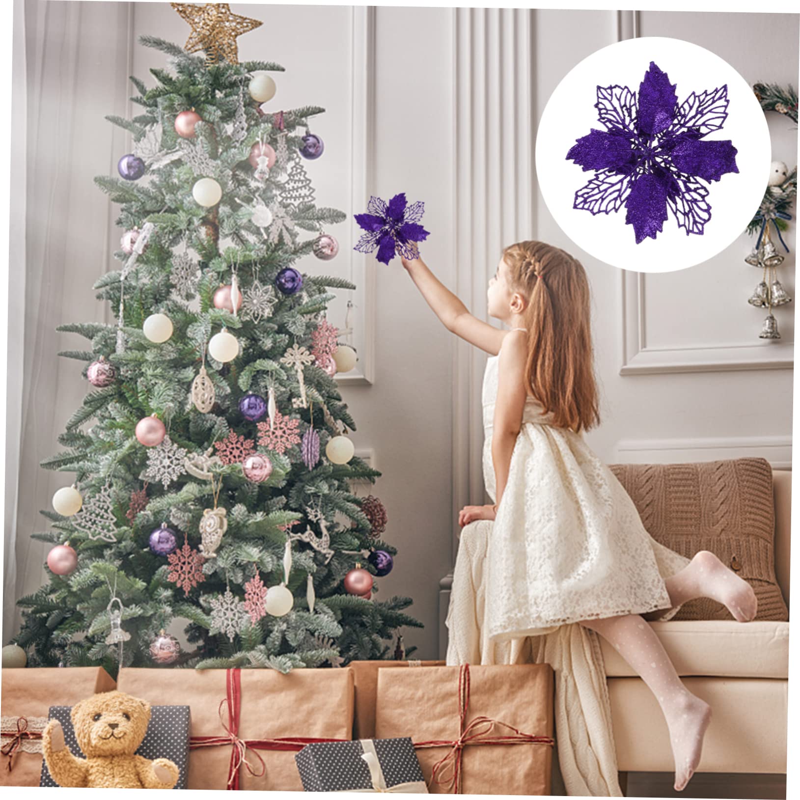 Abaodam 3juegos Adornos Navideños De Flores Artificiales De Poinsettia De Brillo Decoraciones para Árbol De Navidad y Guirnaldas Festivas