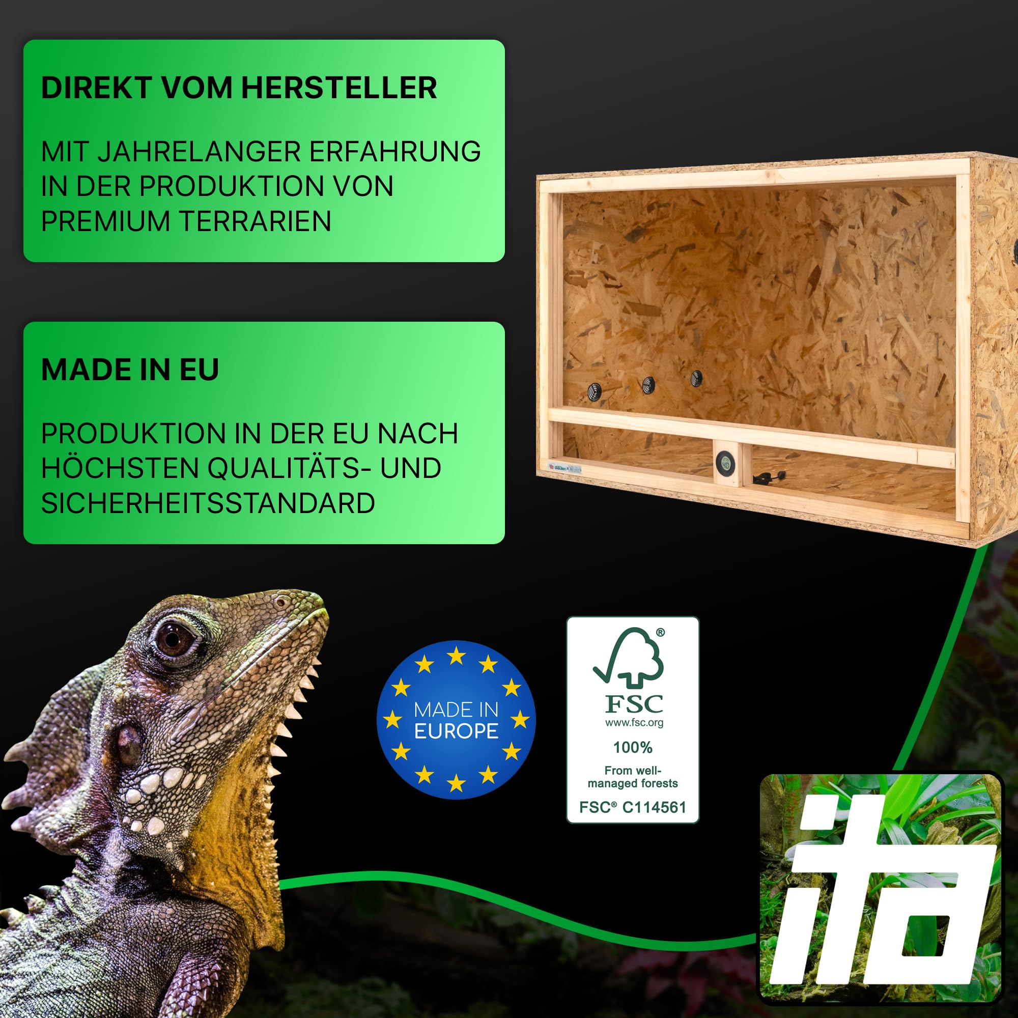 ITA Holz Terrarium 100x60x60 cm mit Seitenbelüftung & Integriertem Hygrometer - Holzterrarium aus OSB-3 Platten - Terrarien für Reptilien, Schlangen, Amphibien - EU Produkt, FSC Zertifiziert