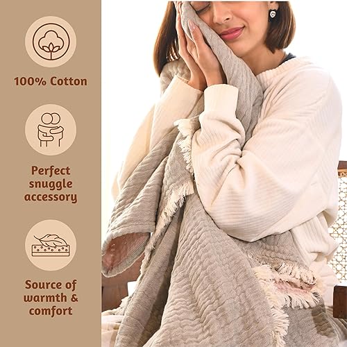 Miniatura 4 de Folkulture Manta bohemia reversible 100% algodón, 50 x 60 pulgadas, gris y rosa