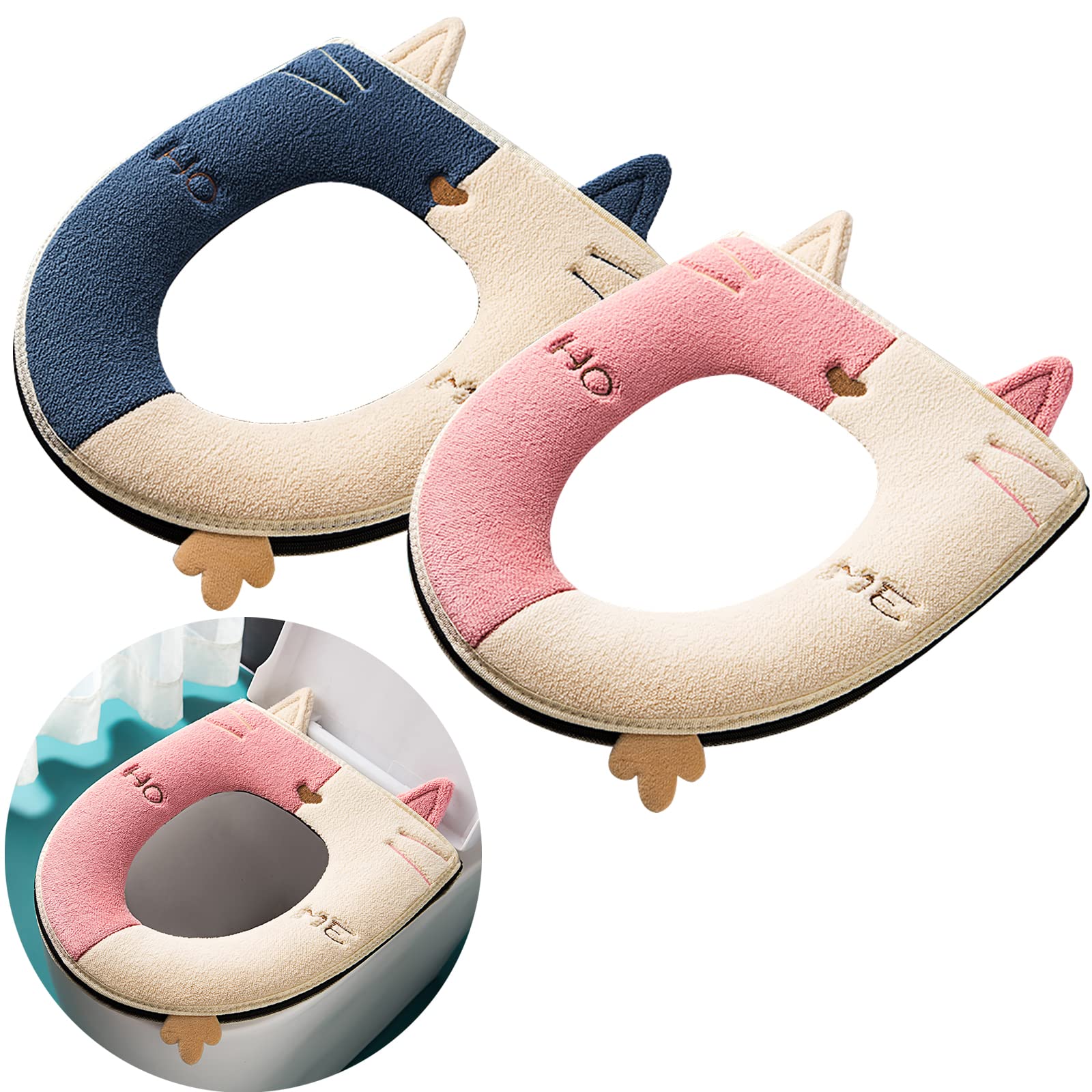 All-Pie Blue + Pink Thickened Toilet Seat Cushion Cover Is Universal, Warm, Washable And Reusable 2 Pcs (Blue + Pink)