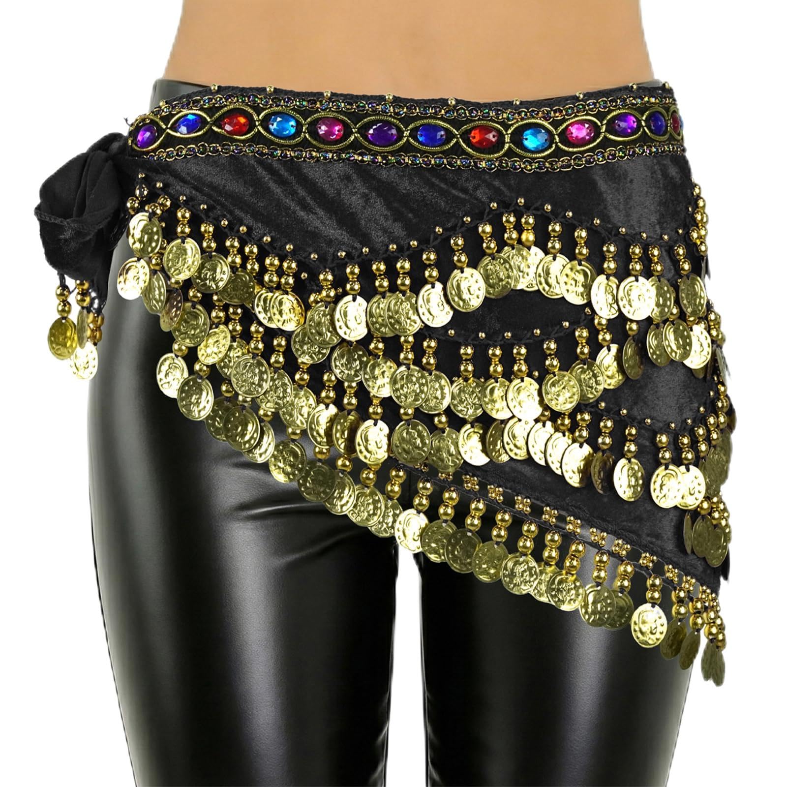 Women's Belly Dance Hip Scarf, Belly Dance Skirt Wrap Coins and Colorful Rhinestone Costume