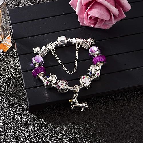Miniatura 2 de YOUFENG Pulsera de Dijes de Cuentas de Amor para Mujeres Cadena de Serpiente Dije de Unicornio Dijes de Flores Pulseras Regalos de Cumpleaños para