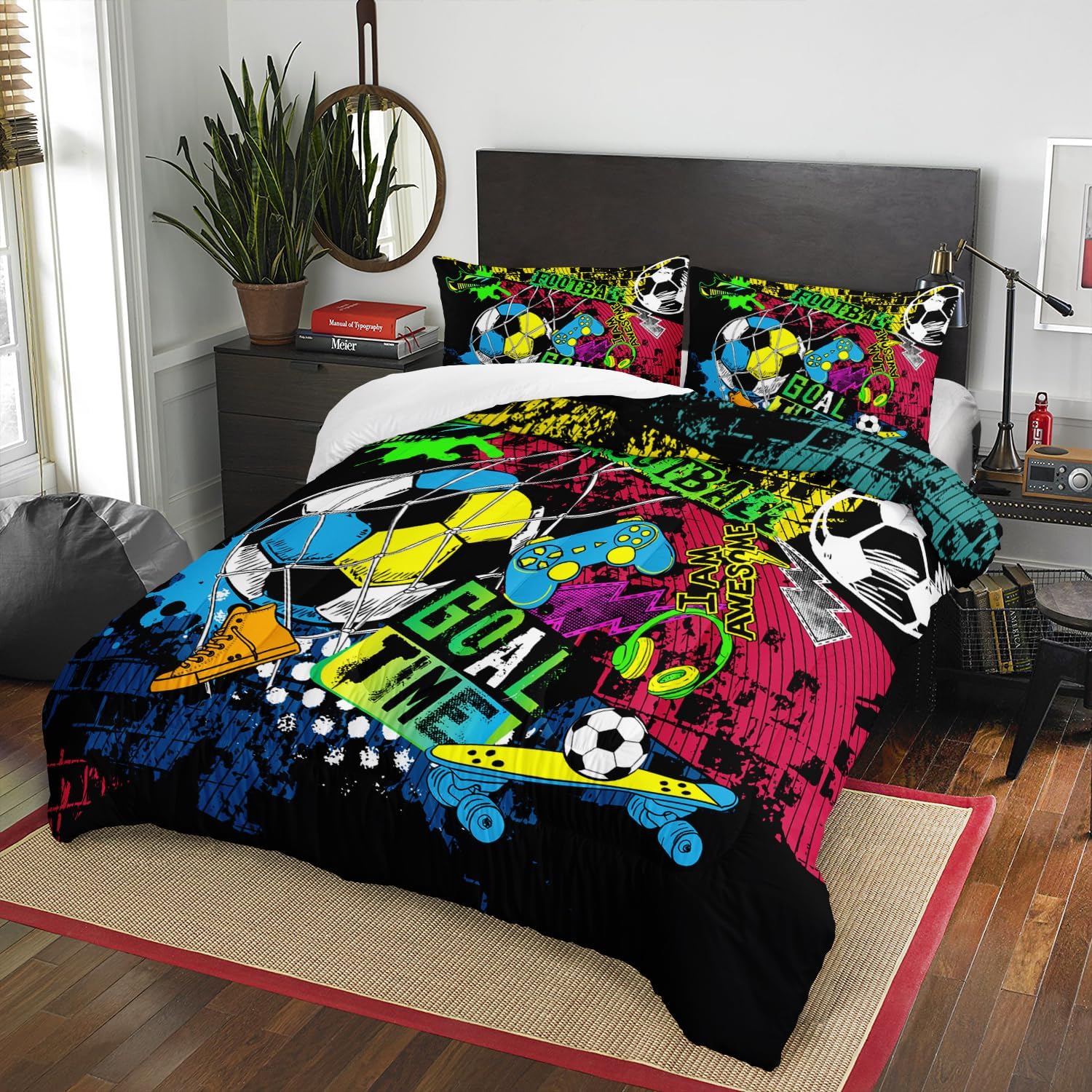 AILONEN Soccer Sports Theme Comforter Set Queen Size, Funny Soccer Ball Bedding Set for Boys Kids,Football Shose Bed in a Bag,3 Pcs,1 Quilt and 2 Pillowcases,Soft Microfiber