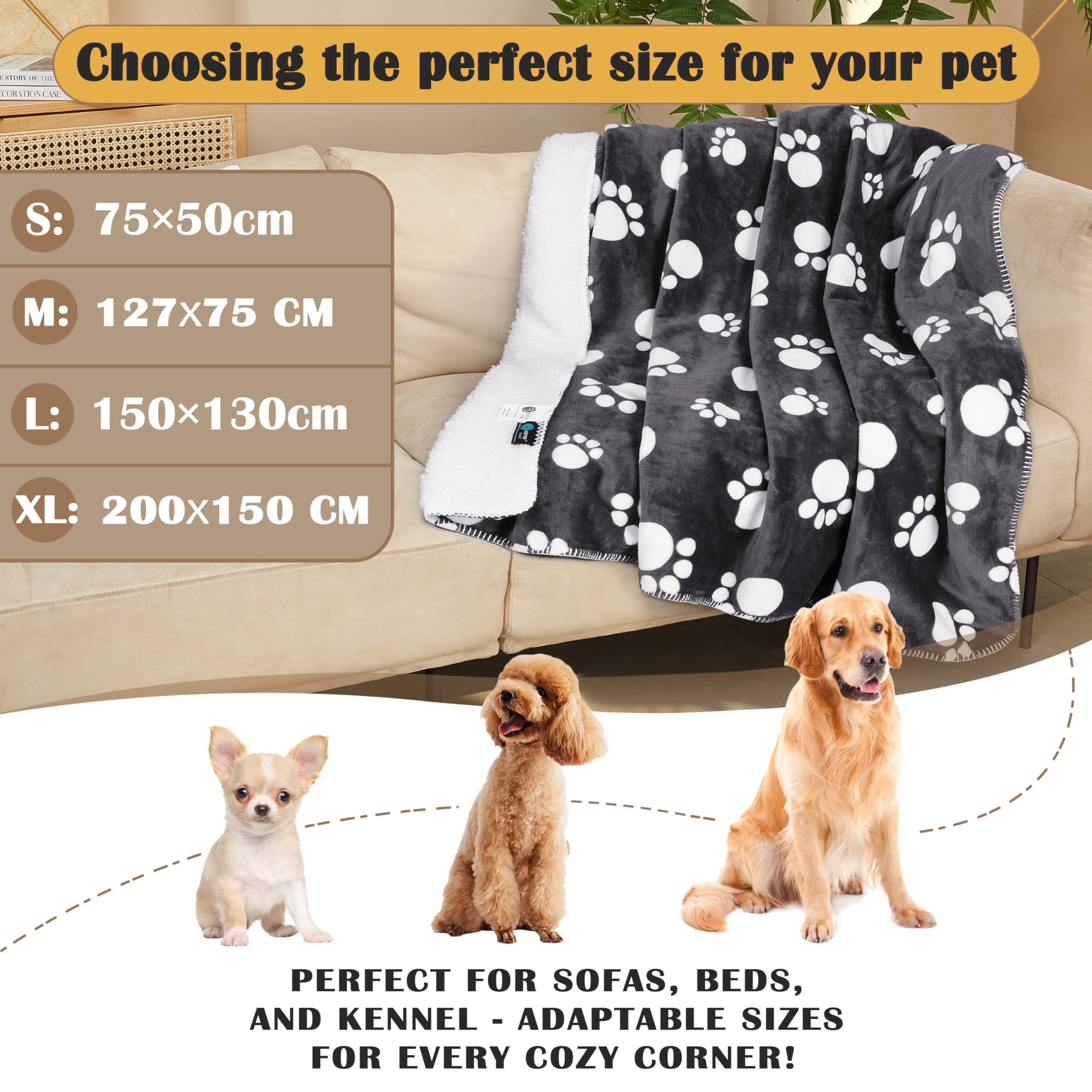 Couverture imperméable pour chien et chat - Avec motif de pattes - Lavable - Polaire Sherpa - Pour canapé, lit, extérieur, couvre-lit, canapé, housse de canapé, 200 x 150 cm