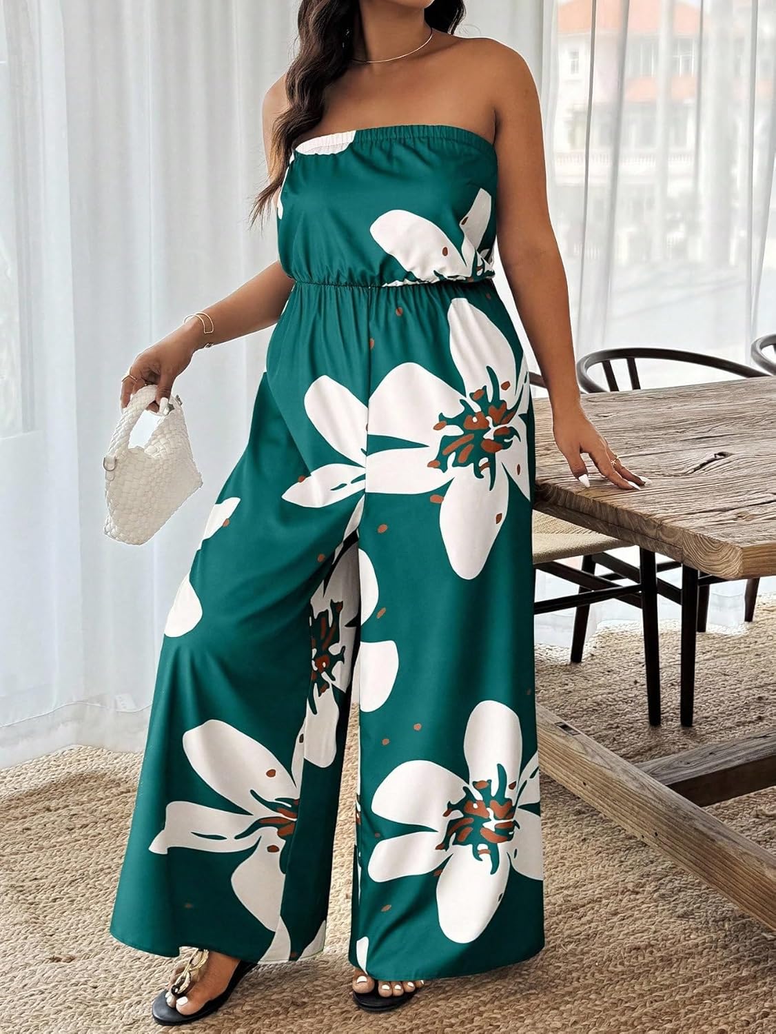 OYOANGLE Women's Plus Size Jumpsuit Floral Print Strapless Romper Summer Off Shoulder Vacation Outfit - Image 4