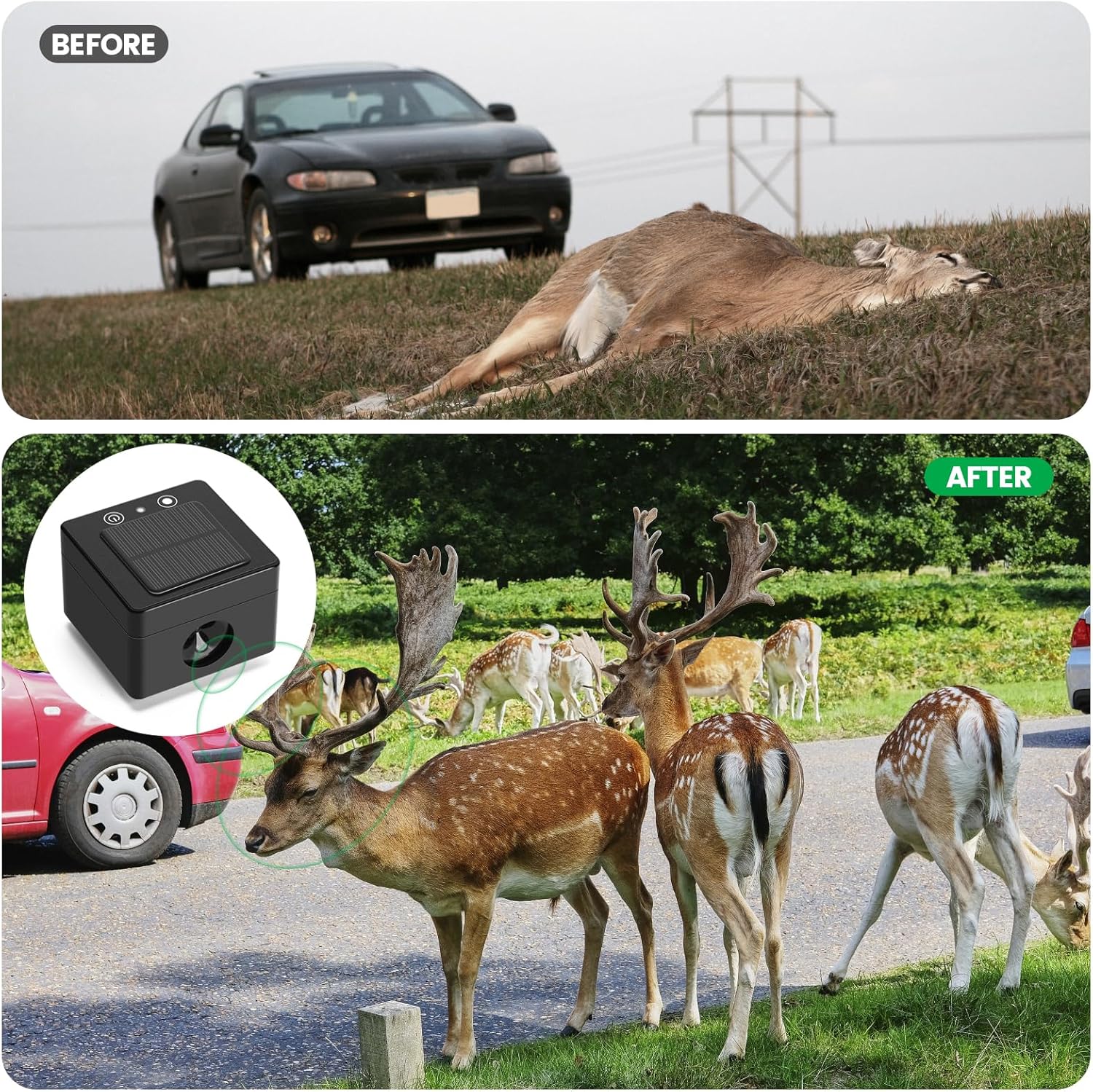 Solar Car Deer Alert, Deer Deter Whistle Devices for Car, Solar-Powered, No Need Power Cords, Wireless Remote Control, Avoid Animal-Vehicle Collisions