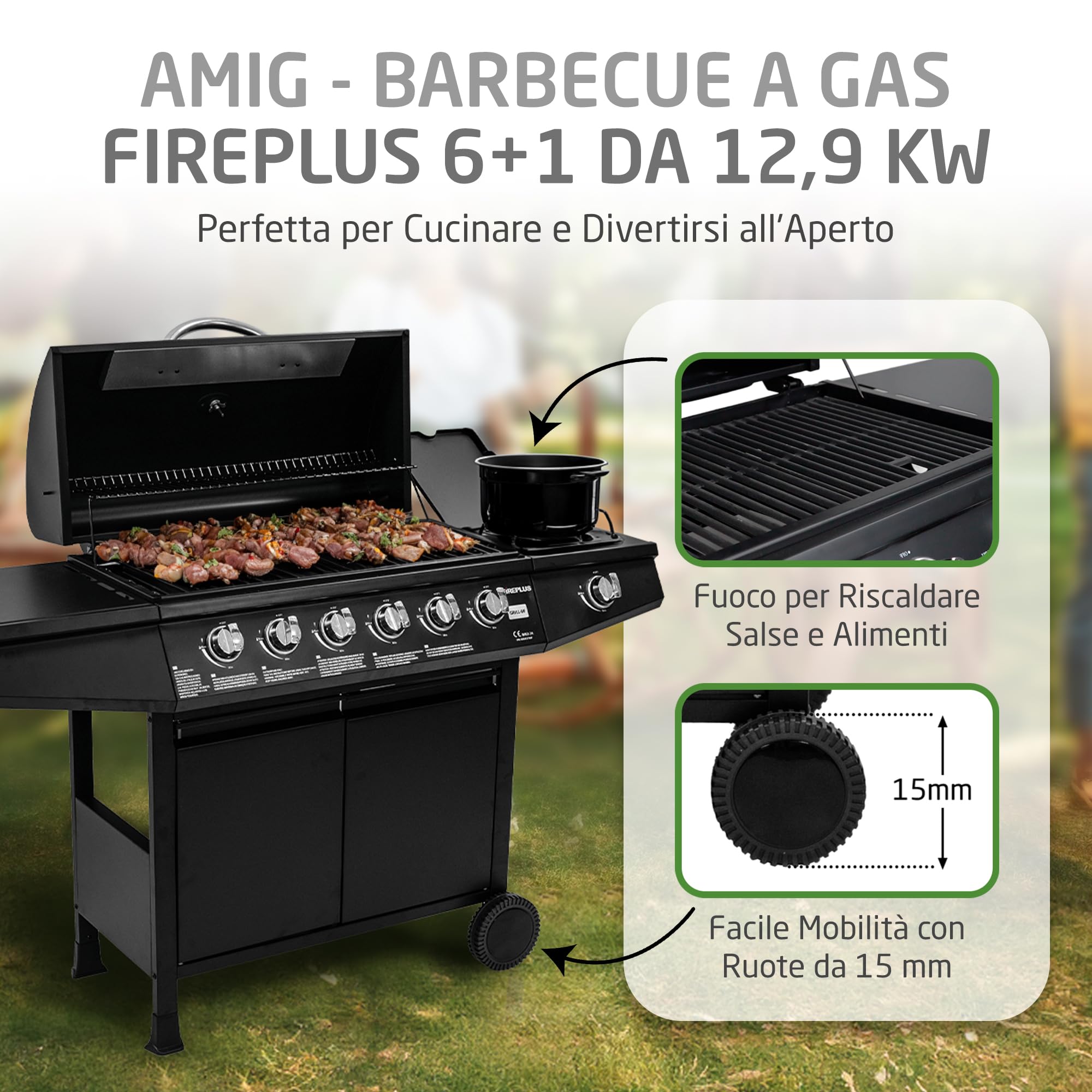 Barbecue a gas Fireplus 6+1 12,9 kW Acciaio inox nero GRILL-6F 7 bruciatori 138x52x103 cm