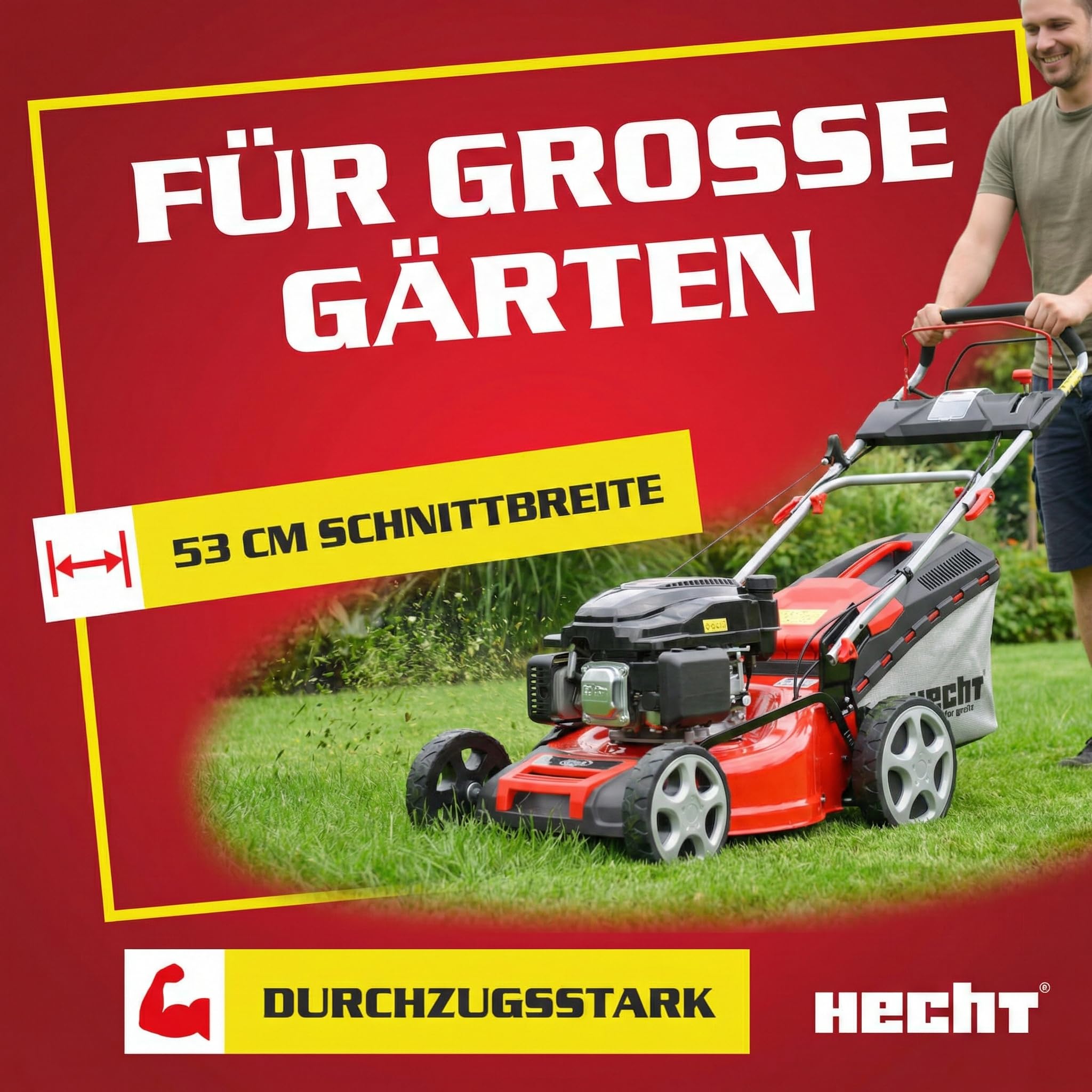 HECHT 5in1 Benzin Rasenmäher 6,0 PS – 53 cm mit Elektrostart & Radantrieb | 4-Takt Eco Motor mit 4,4 kW, 75 L Fangkorb, Mulchfunktion und Seitenauswurf – für Rasen & Garten