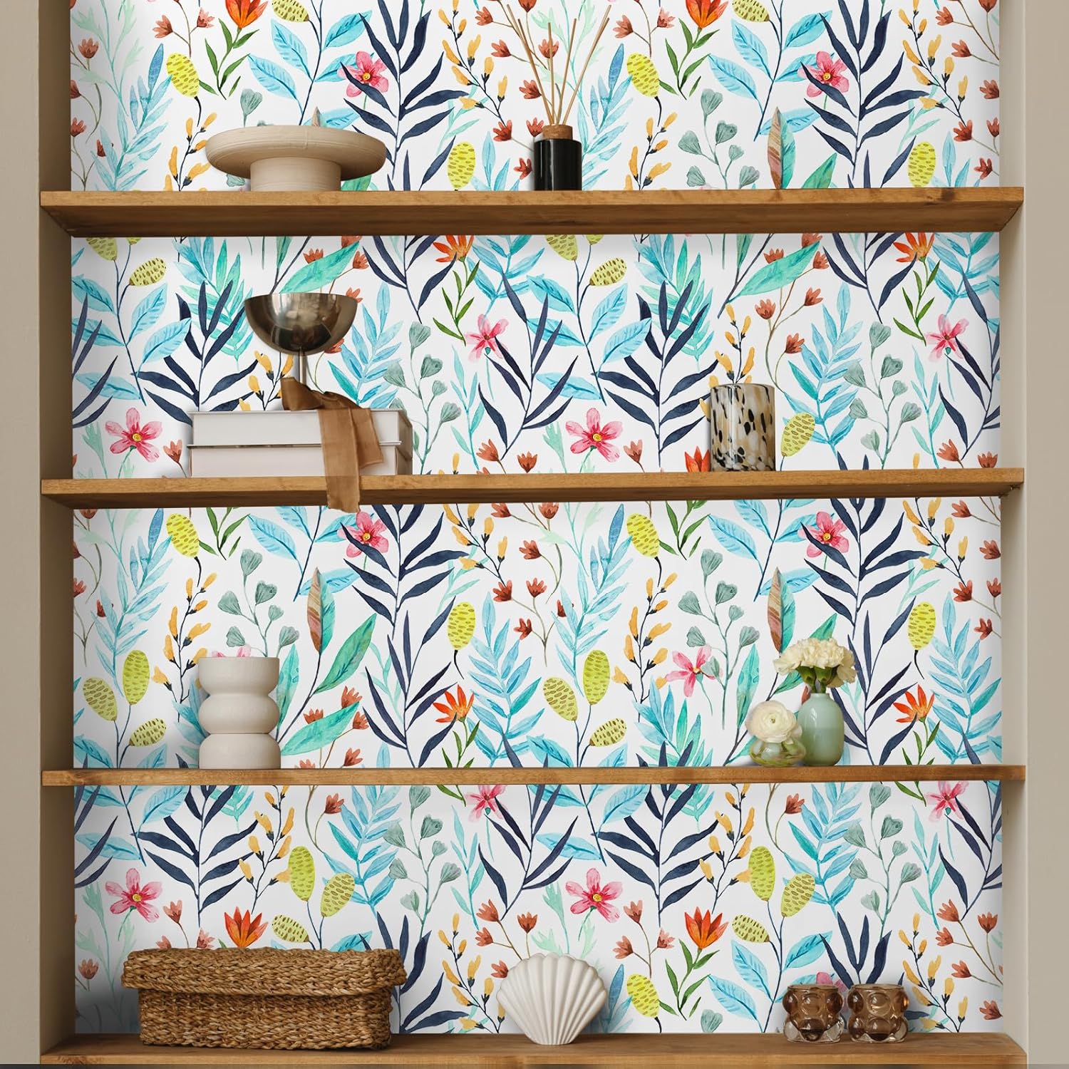 VaryPaper 17.7''x315'' Rustic Leaf Floral Peel and Stick Wallpaper Boho Floral Contact Paper for Walls Cabinets Waterproof Self Adhesive Vinyl Wall Mural Wildflower Wall Paper for Nursery Bedroom