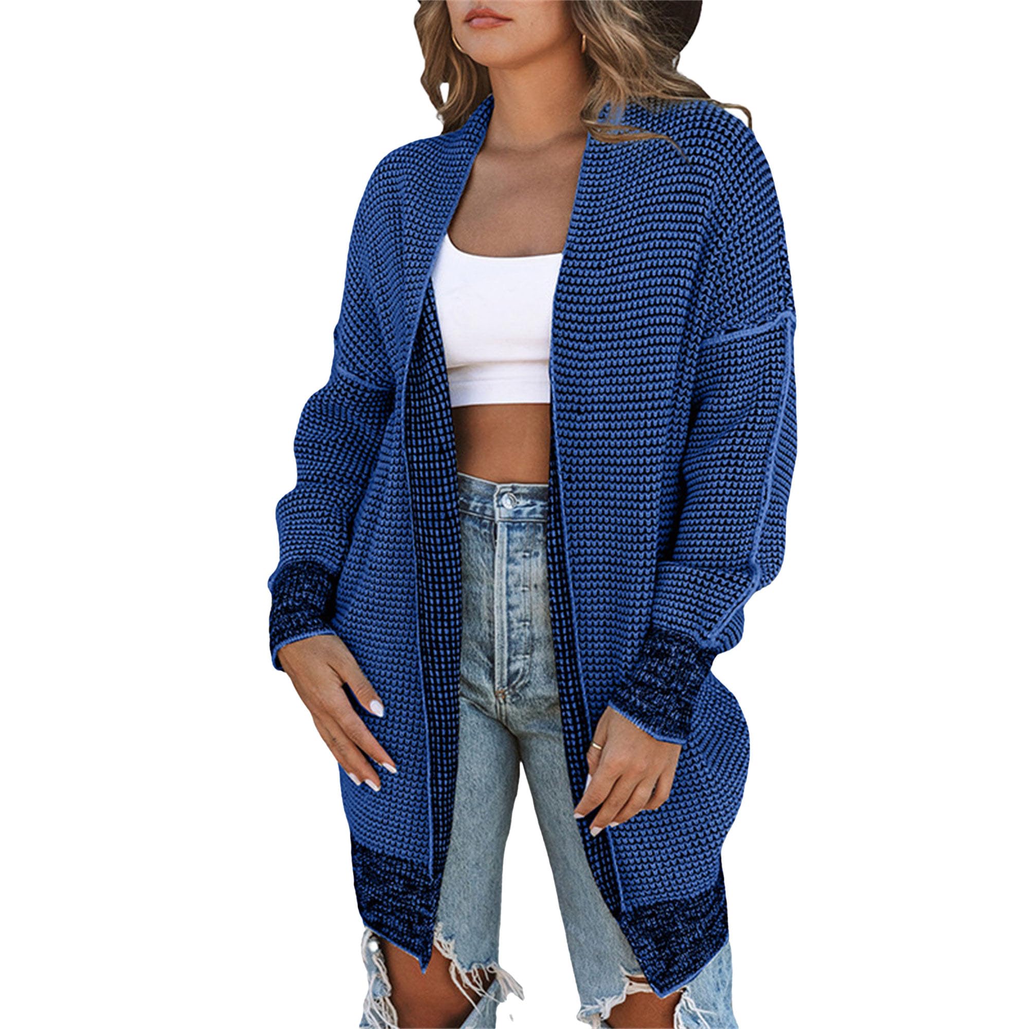 Women's Cardigan Sweater Casual Long Sleeve Solid Color Knit Cardigan Open Front Outwear Jacket with Pockets (Small,Blue)