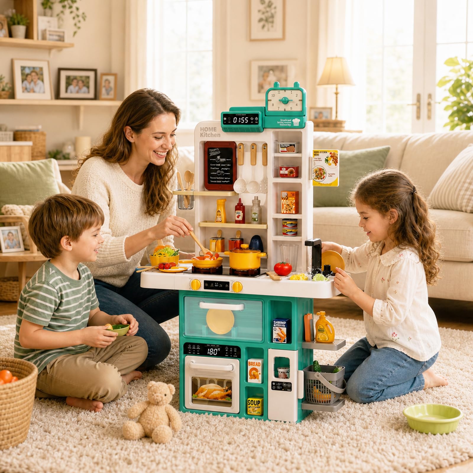 deAO Cocinas Infantiles, 69 PCS Cocina Juguete, Grifo Agua, Luces y Sonido | con Vajilla, Comida, Fregadero, Cocina de Vapor, Horno, 54x21x88 cm, Plástico Seguro, Regalos para Niños +3 Años, Verde