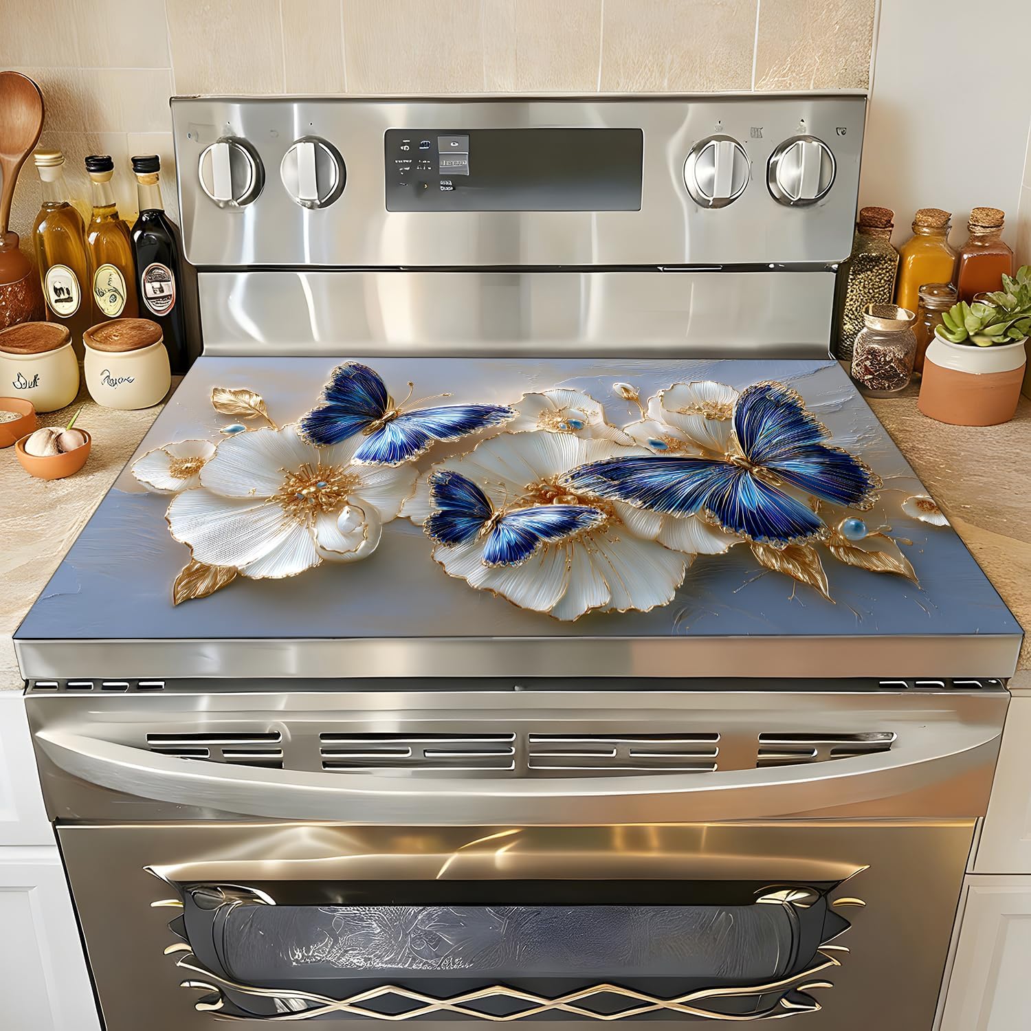 Stove Top Covers for Electric Stove 28.3 x 20.5 Inches, Waterproof Heat Resistant Glass Cooktop Cover, Grease Oilproof Stove Shield Protector for Ceramic Flat Top - Rustic Kitchen Decor(Butterfly)