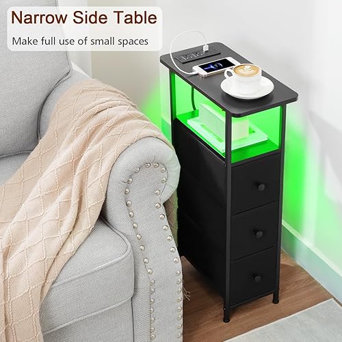 Miniatura 4 de HETNDP03LBK - Juego de 2 mesas auxiliares estrechas con estación de carga, mesa auxiliar delgada con cajones de tela, mesita de noche LED delgada