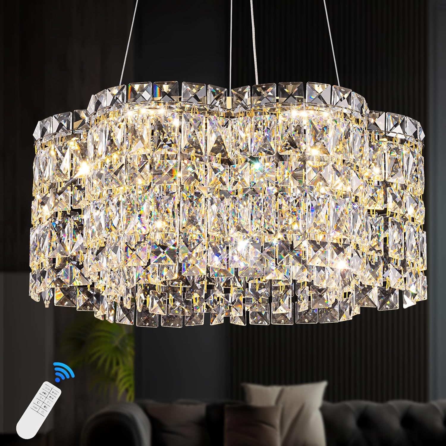 Modern Crystal Chandeliers for Dining Room Light Fixture,Gold Led Chandelier,Dimmable Pendant Light with Remote,Luxury Pendant Ceiling Light for Kitchen Island,Bedroom,Foyer Entryway,20Inch Gold(Round)