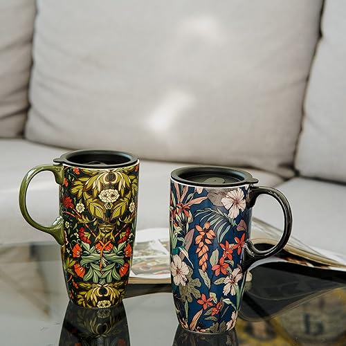 Miniatura 2 de TZSSP Taza de cerámica para café, taza de té con leche de porcelana con tapa, 17 oz.Blue y Green, 2PCS