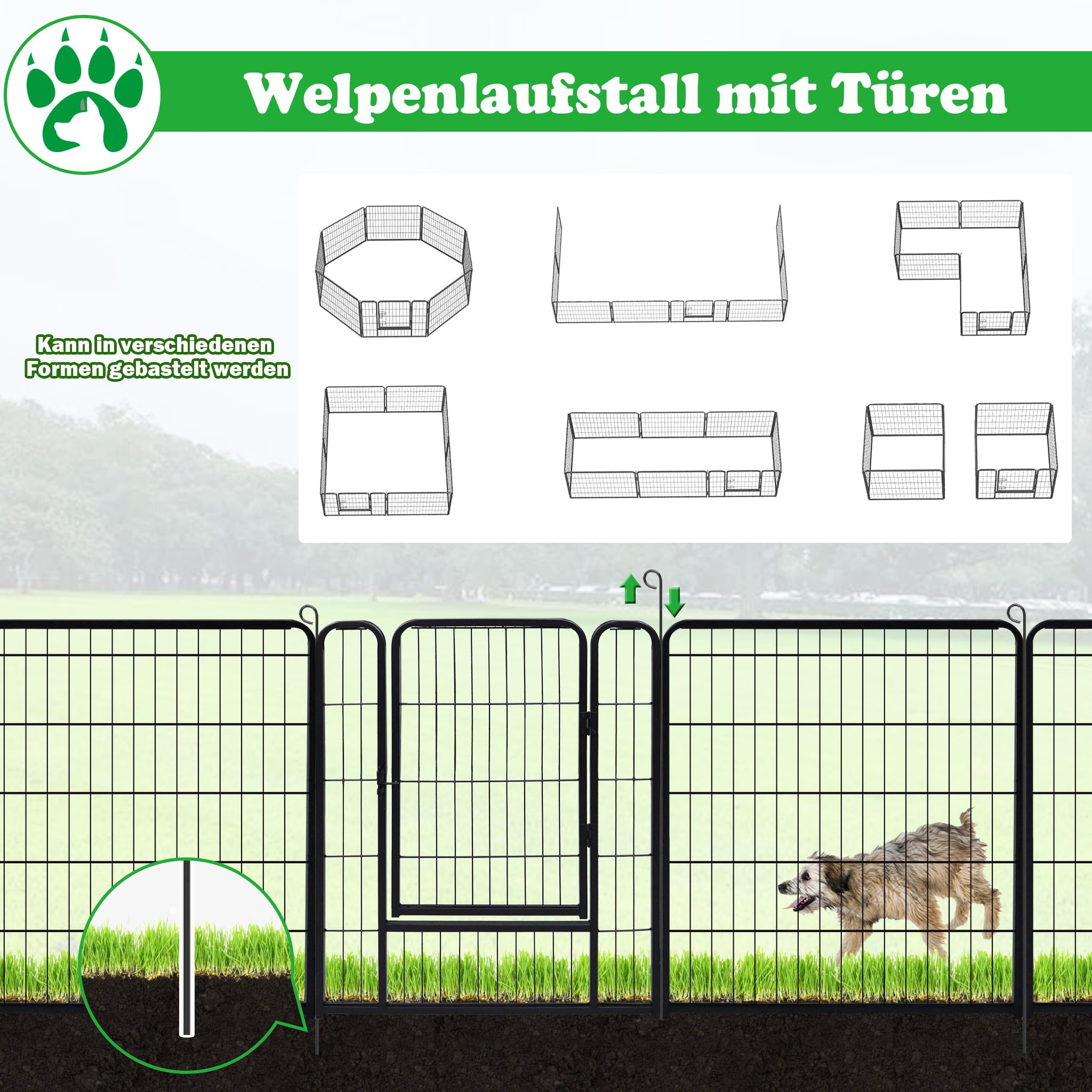 SUBTLETY Juego de parques para perros de 16 piezas con puertas y anclajes de tierra, cercado para perros plegable, resistente a la intemperie, portátil, para jardín, camping