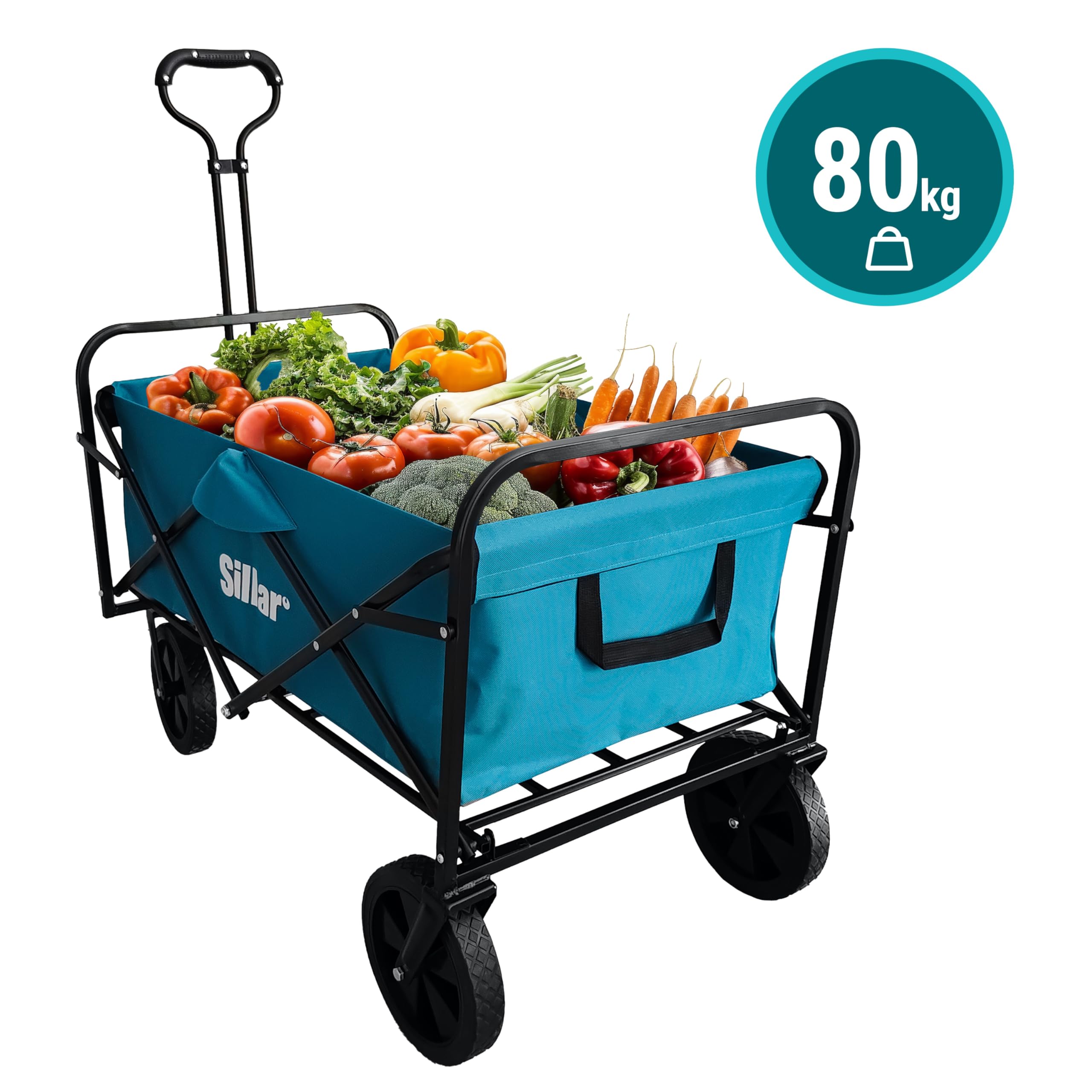 Sillar Carrello pieghevole da giardino, compatto con maniglia, 4 ruote in PVC rinforzato, capacità di carico fino 80 kg, per esterni, giardino, 100 l, 2 tasche aggiuntive per bevande sul davanti, blu