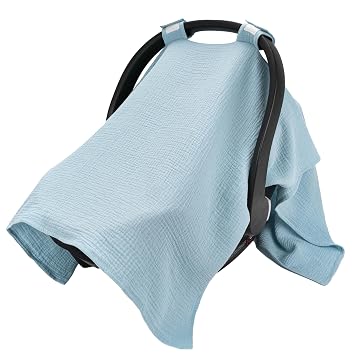 SERAPHY 100% Muslin Cotton Car Seat Cover Baby, Universal Carseat Covers, Breathable Baby Car Seat Canopy for Boys Girls, Soft Infant Car Seat Cover for Summer Blue