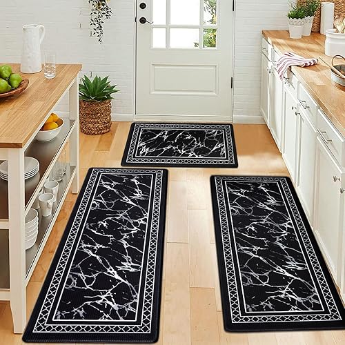 Miniatura 4 de ASPMIZ Juego de alfombras de cocina de 3 piezas con corredor, alfombras y tapetes de cocina de espuma viscoelástica de mármol, antideslizantes,