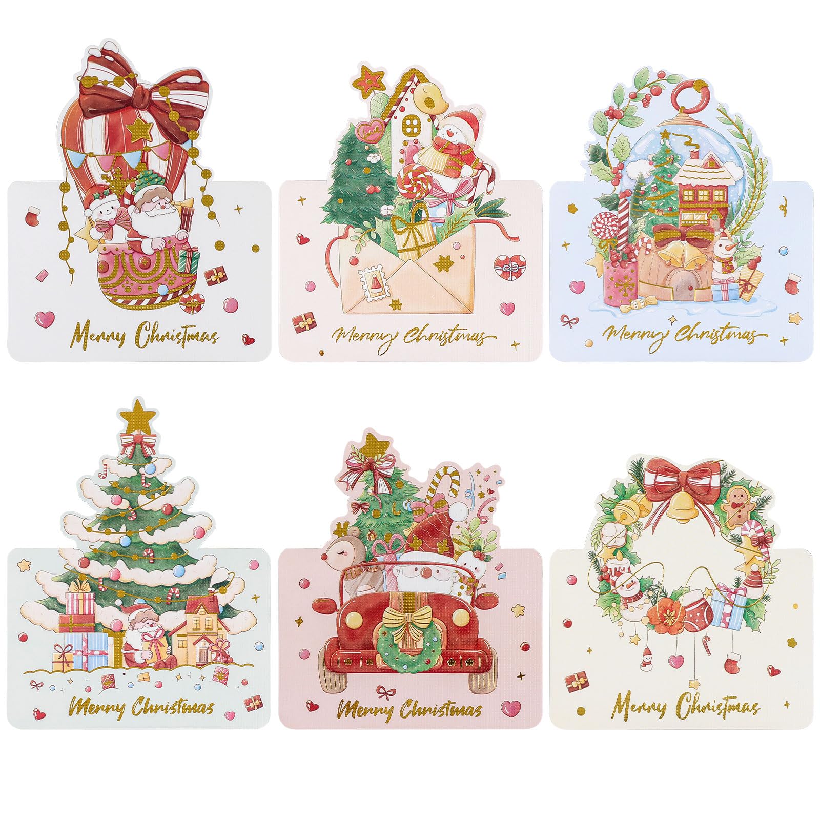 Cartes Joyeux Noel Dorée 6 Motifs Carte Postale Pliées 12PCS Cadeaux de Noël