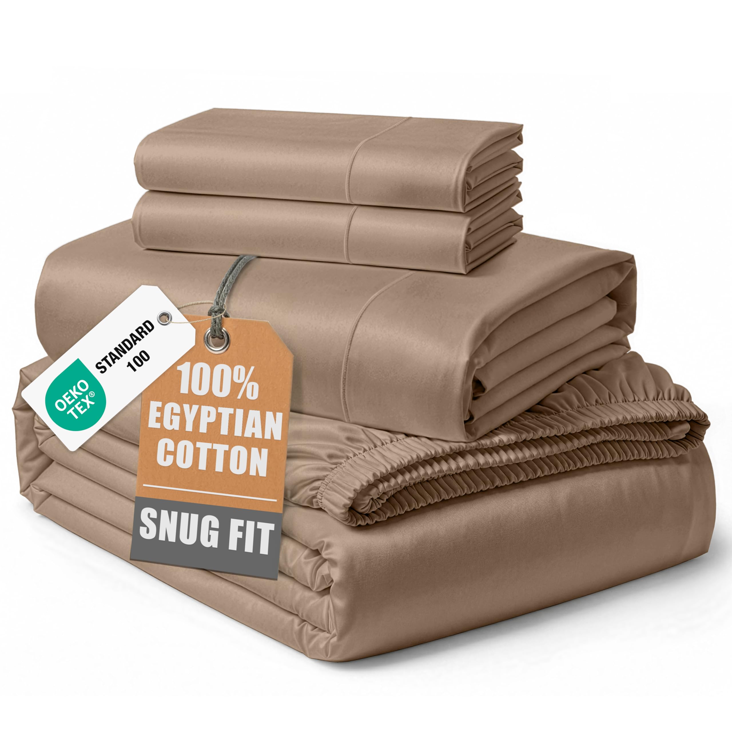 100% Egyptian Cotton Sheet Set Queen Size – Silky Sateen Weave Queen Sheet Set for Winter Sleep Comfort, 15" Snug Fit Deep Pocket, Breathable & Durable, Hotel-Quality Soft Luxury You Can Feel - Taupe