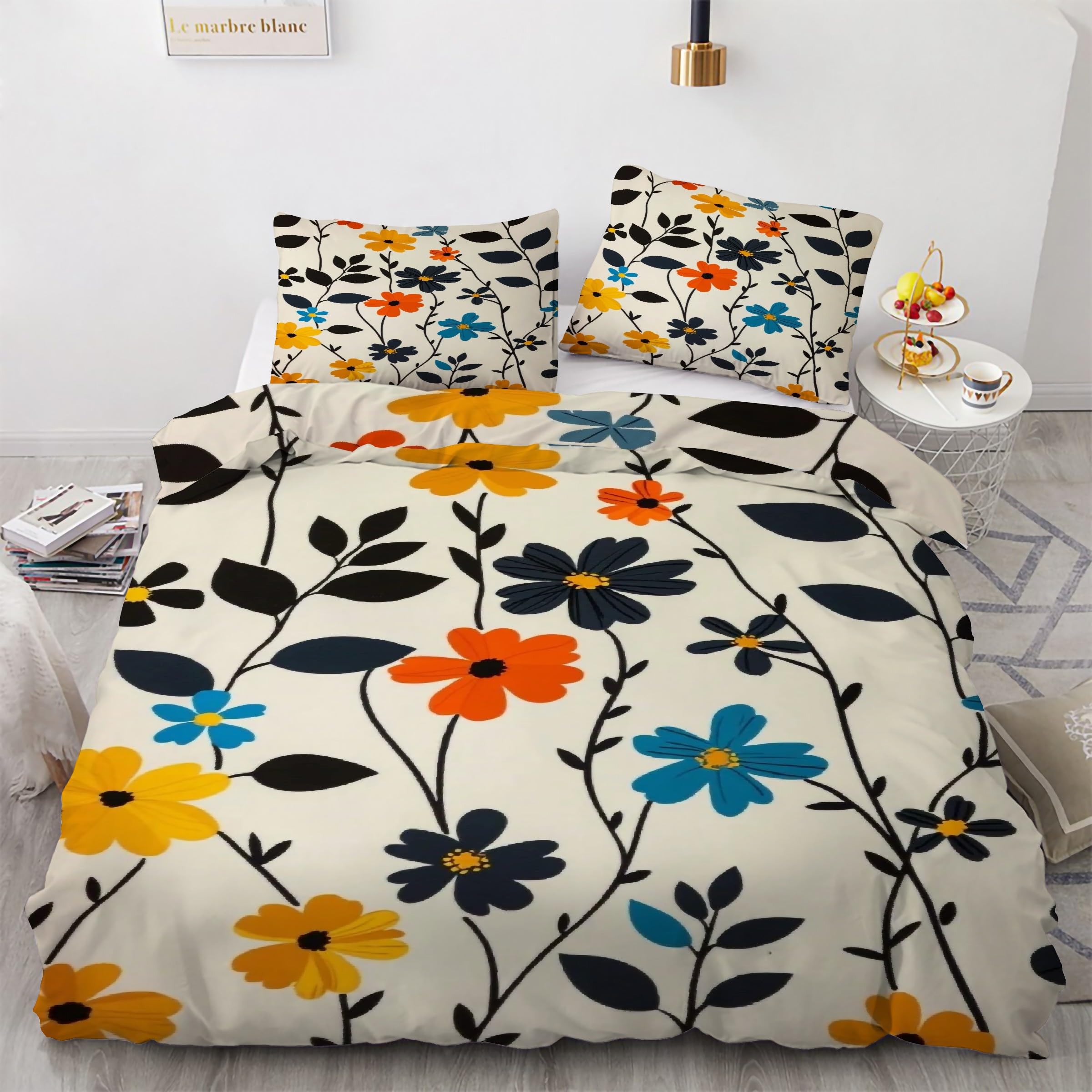 Housse de couette 200x200 floral avec 2 taies d'oreiller en microfibre douce