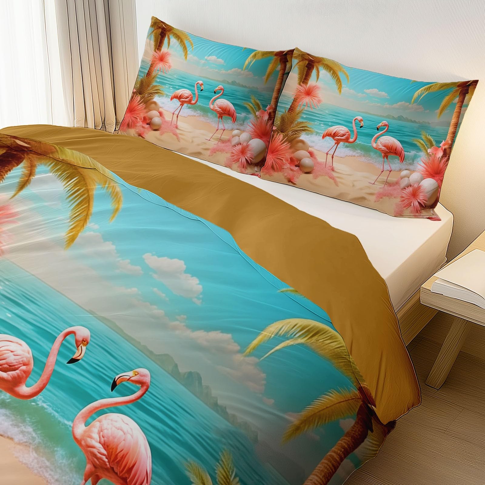 Zestaw dwustronnych poszewek na kołdrę – zestaw poszewek na kołdrę 3D, plażowe flamingi, miękki nadruk, 1 poszewka na kołdrę 260 x 220 cm i 2 poszewki na poduszki, brązowy zestaw pościeli z mikrofibry