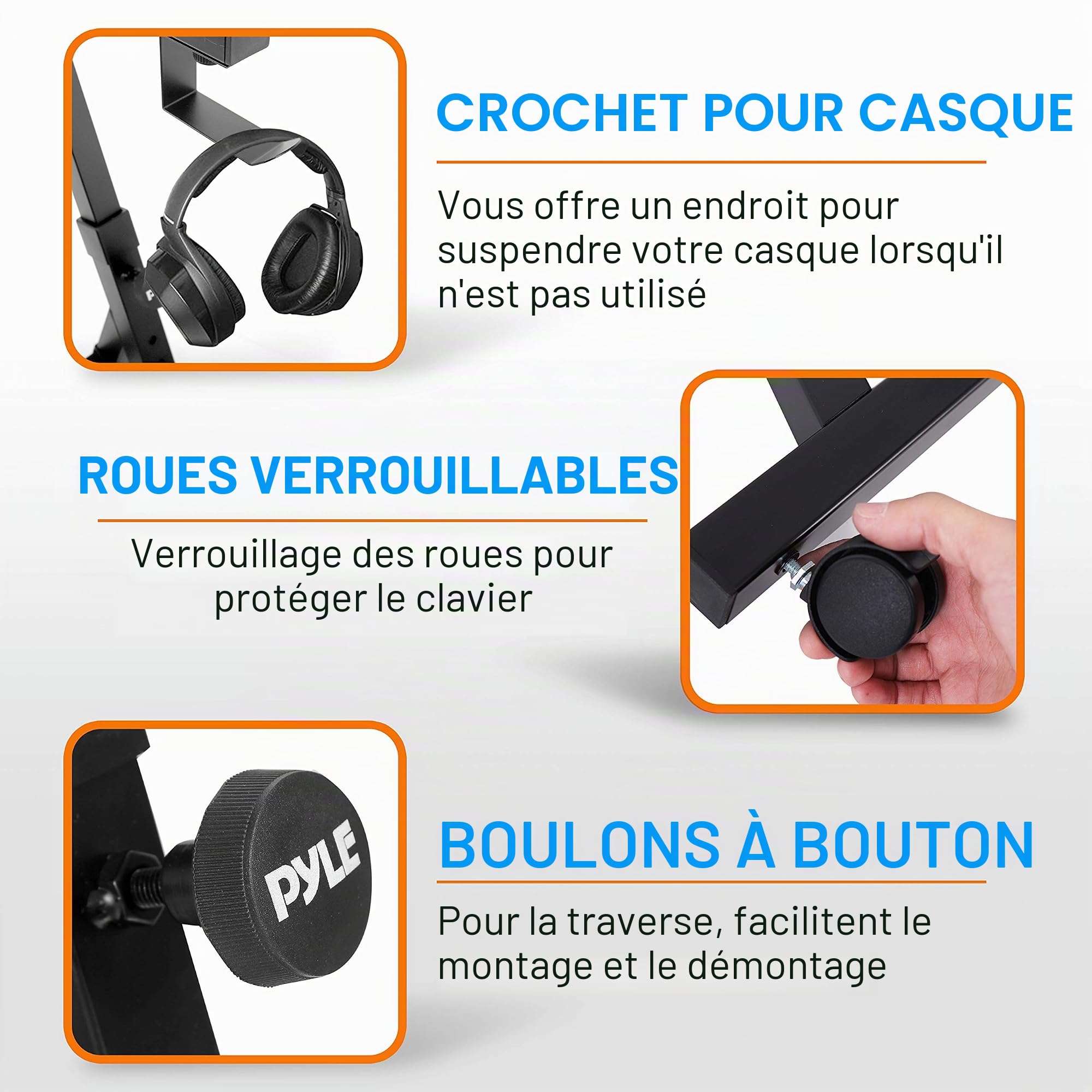 PYLE Support Clavier Universel , Forme de Z Robuste, Support Piano Portable avec Hauteur et Largeur Réglables, Roulettes Verrouillables (Noir)