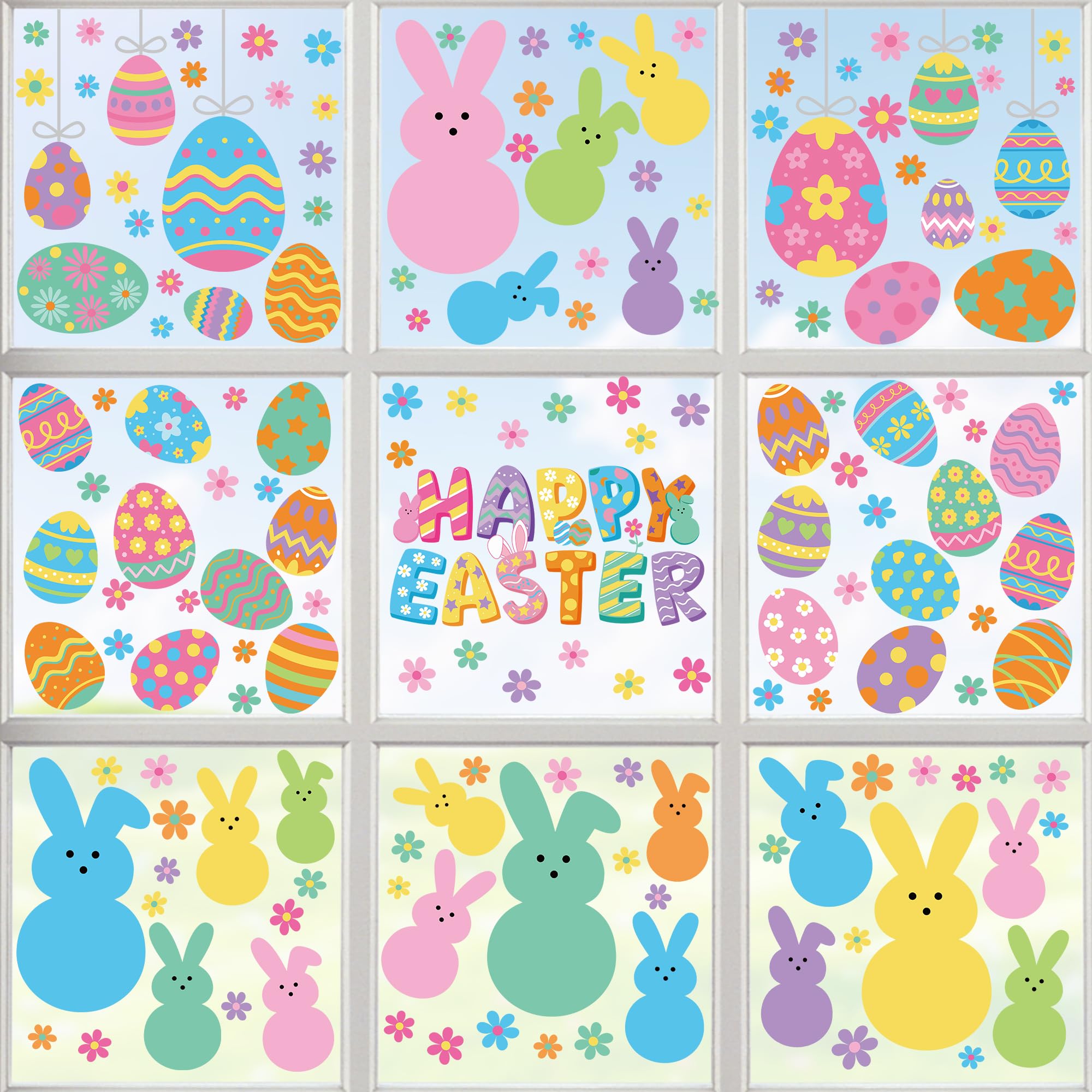 9 Sheets Easter Window Clings, 152PCS Double Sided Easter Party Clings for Glass Windows with Bunny Egg Flower, Reusable Happy Eggs Bunny Window Decals Stickers for Home Office Decorations