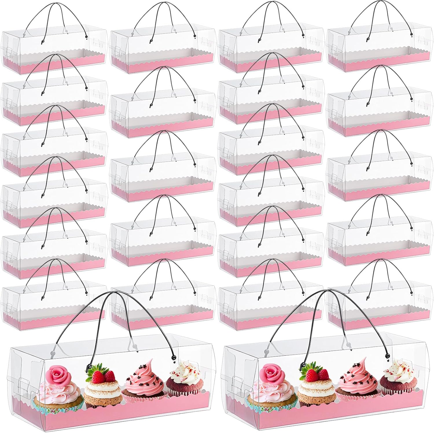 24 Pcs Mother's Day Clear Cupcake Boxes with Handle, 11 x 4 x 4 Inch Pink Plastic Cupcake Container for Pastry Muffin Bakery Dessert Mother's Day Valentines Weedings Party Supplies