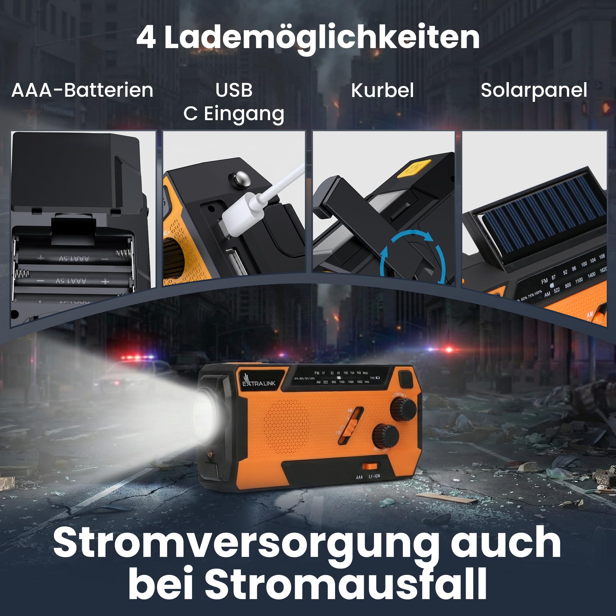 Extralink Kurbelradio Notfallradio mit Solar & Kurbel, Ladefunktion 4000 mAh mit integrierten Ladekabeln, FM/AM Radio, LED Taschenlampe & Leselicht, SOS Alarm - für Blackout, Camping & Outdoor