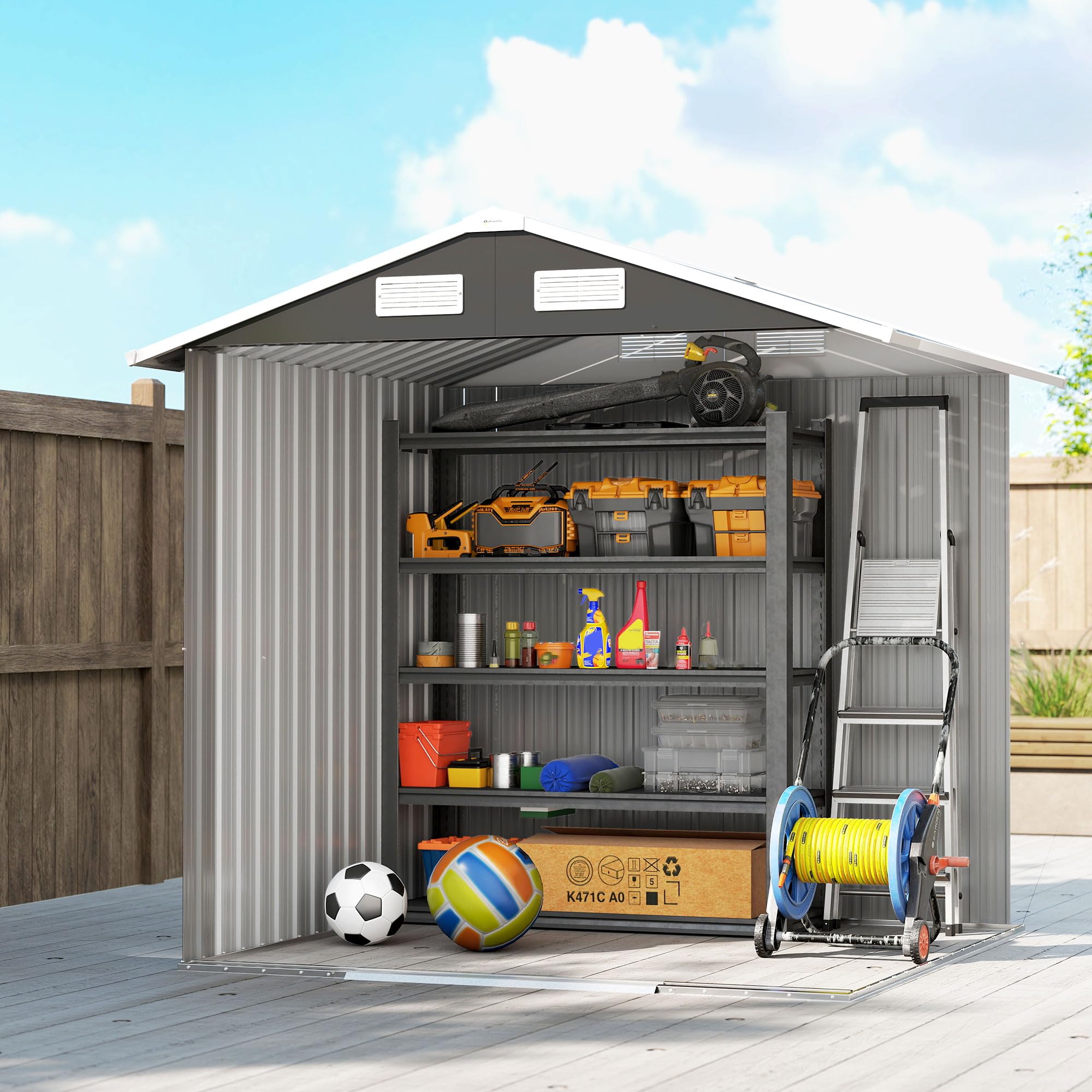 Outsunny Casetta da Giardino 2.8m² Acciaio Zincato con Prese d'Aria, Capanno Attrezzi 2 Porte Scorrevoli, 195.5x158.5x188 cm, Nero