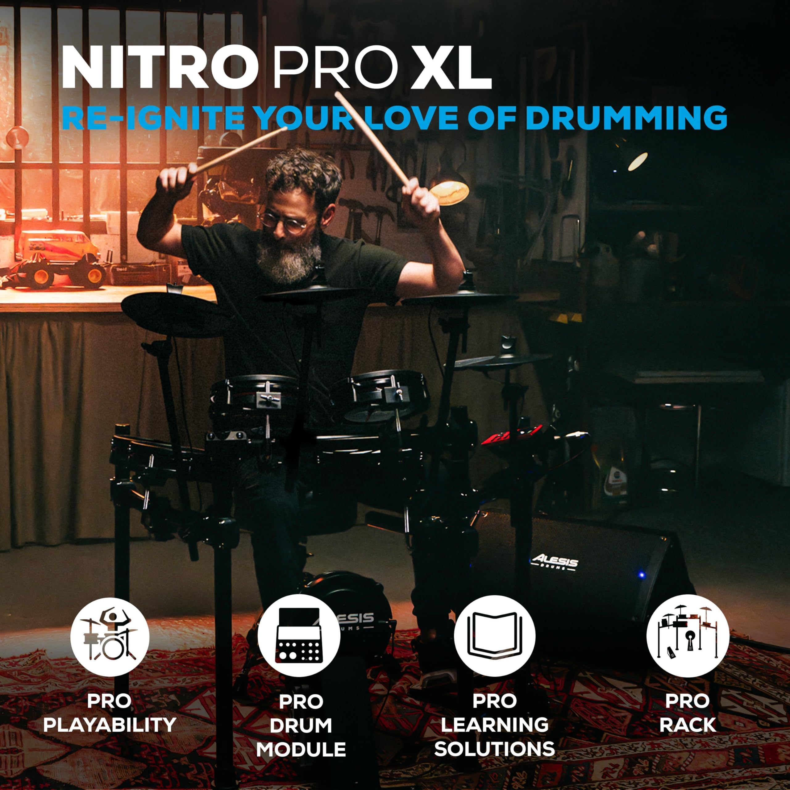 Alesis Nitro Pro XL 10-częściowa Elektryczna perkusja z 2-strefowymi padami siatkowymi, 500+ brzmień BFD, Bluetooth, Drumeo, USB MIDI