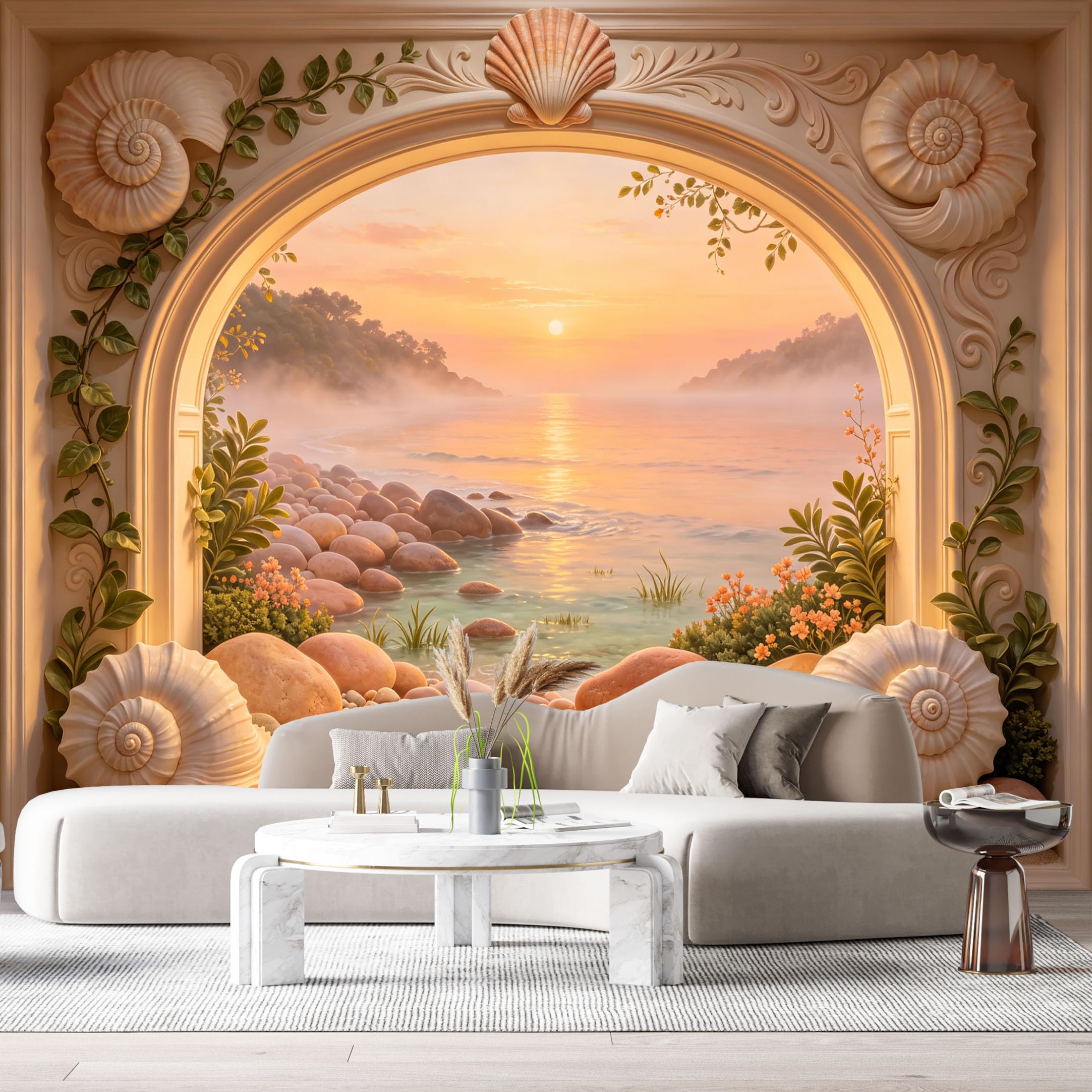 Custom Size Wall Murals Coastal Ocean Marine Sunset Pebble Beach Archway 3D Trompe L'Oeil SelfAdhesiveWall Fabric Removable Wallpaper Wall Decor for Living Room Bedroom Bathroom