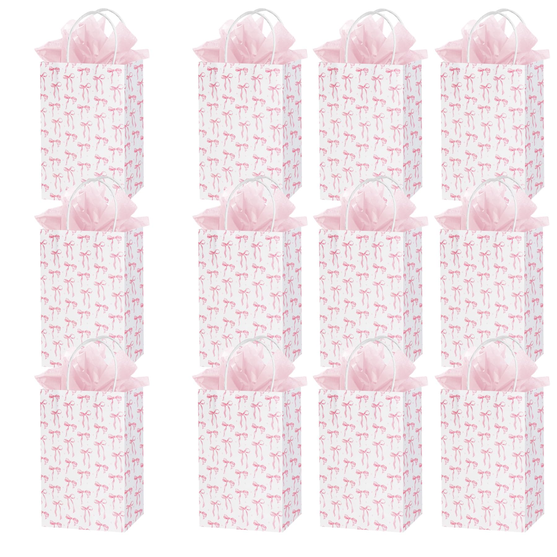 Dmnnlp 12Pcs Pink Bow Party Bags, Paper Gift Bags with Tissue Paper, Coquette Party Bags for Girls, Birthday, Baby Shower, Wedding, Hen Party, Mother's Day Bachelorette (8.3x6x3.2in)