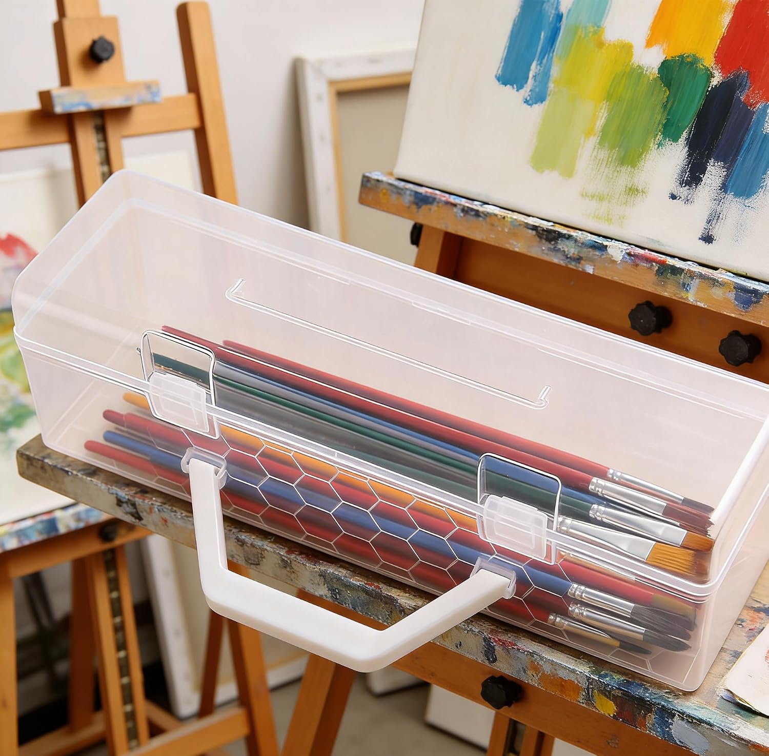 Portable Storage Box 13.58X3.93X3.93In Handheld Paint Brush Organizer with Buckle Closure Compact Clear Holder for Art Supplies and Painting Tools