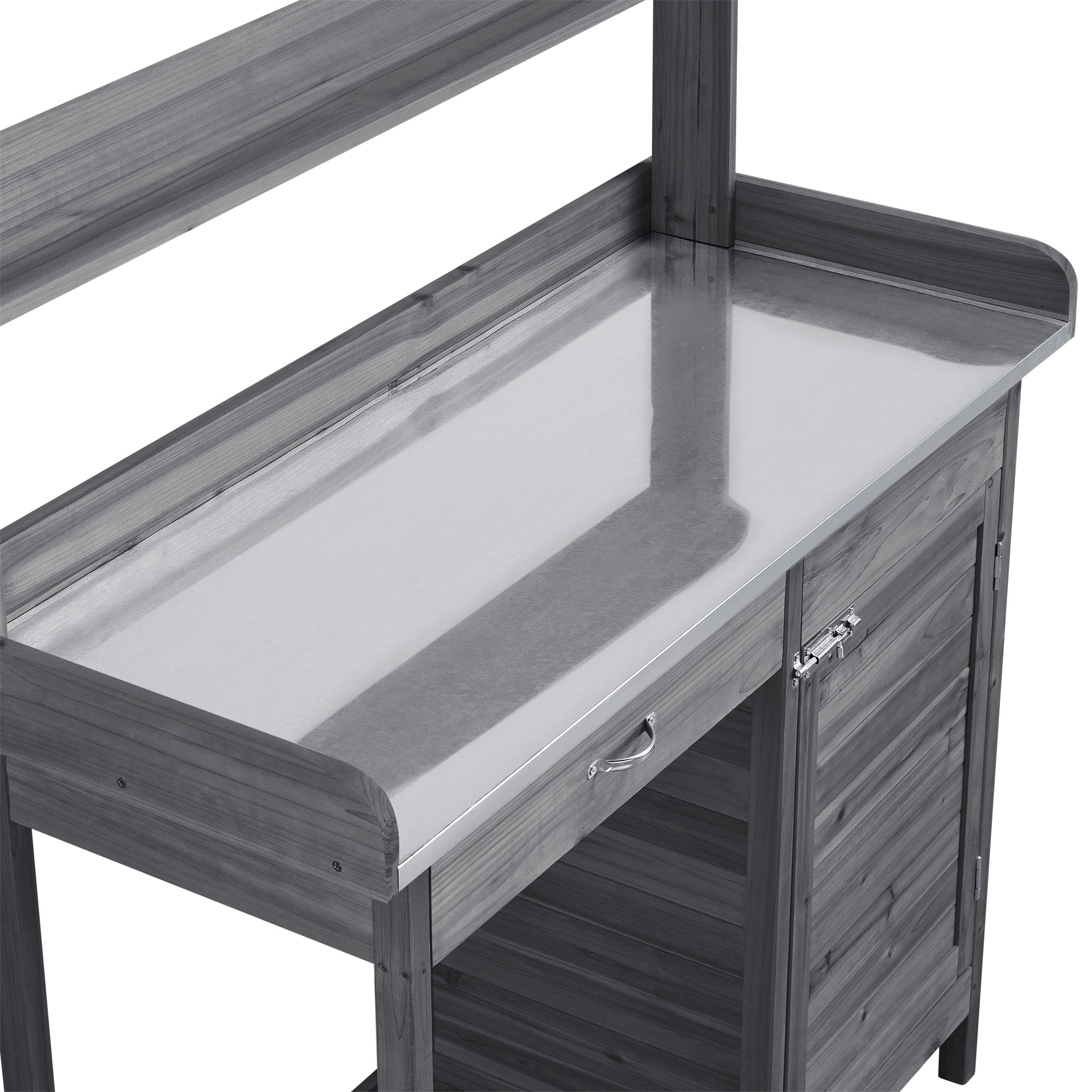 Abician Table de Rempotage Extérieure en Bois avec Tiroir Plan de Travail en Métal Étagère de Rangement Placard Inférieur 3 Crochets Latérales Table de Jardin pour Pots de Fleurs Gris