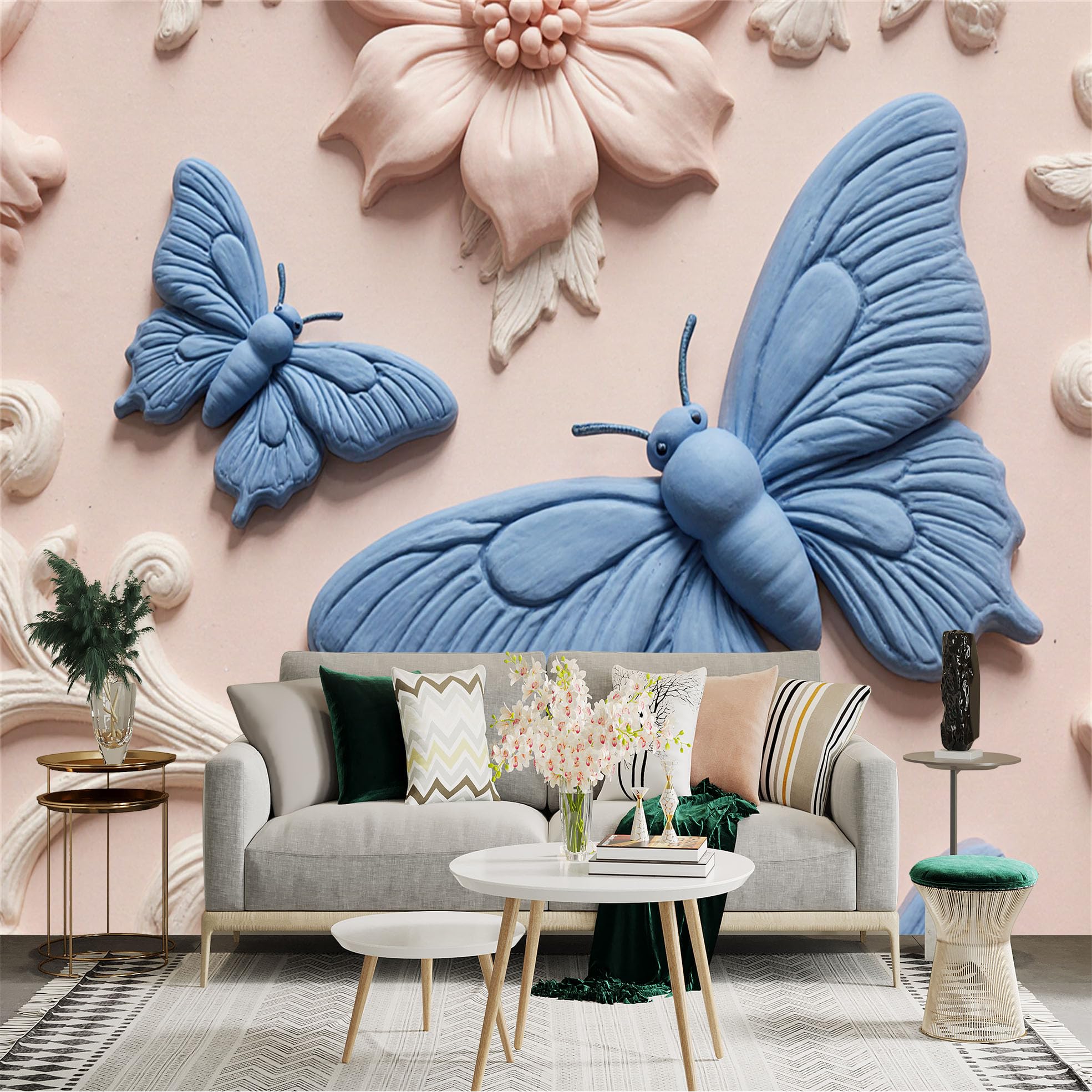 Custom Size Wall Sticker Mural， Blue 3D Butterflies， Elegant Soft Pink Floral Relief， Romantic Botanical Art， for wall Decoration， peelandstick wall Decals.