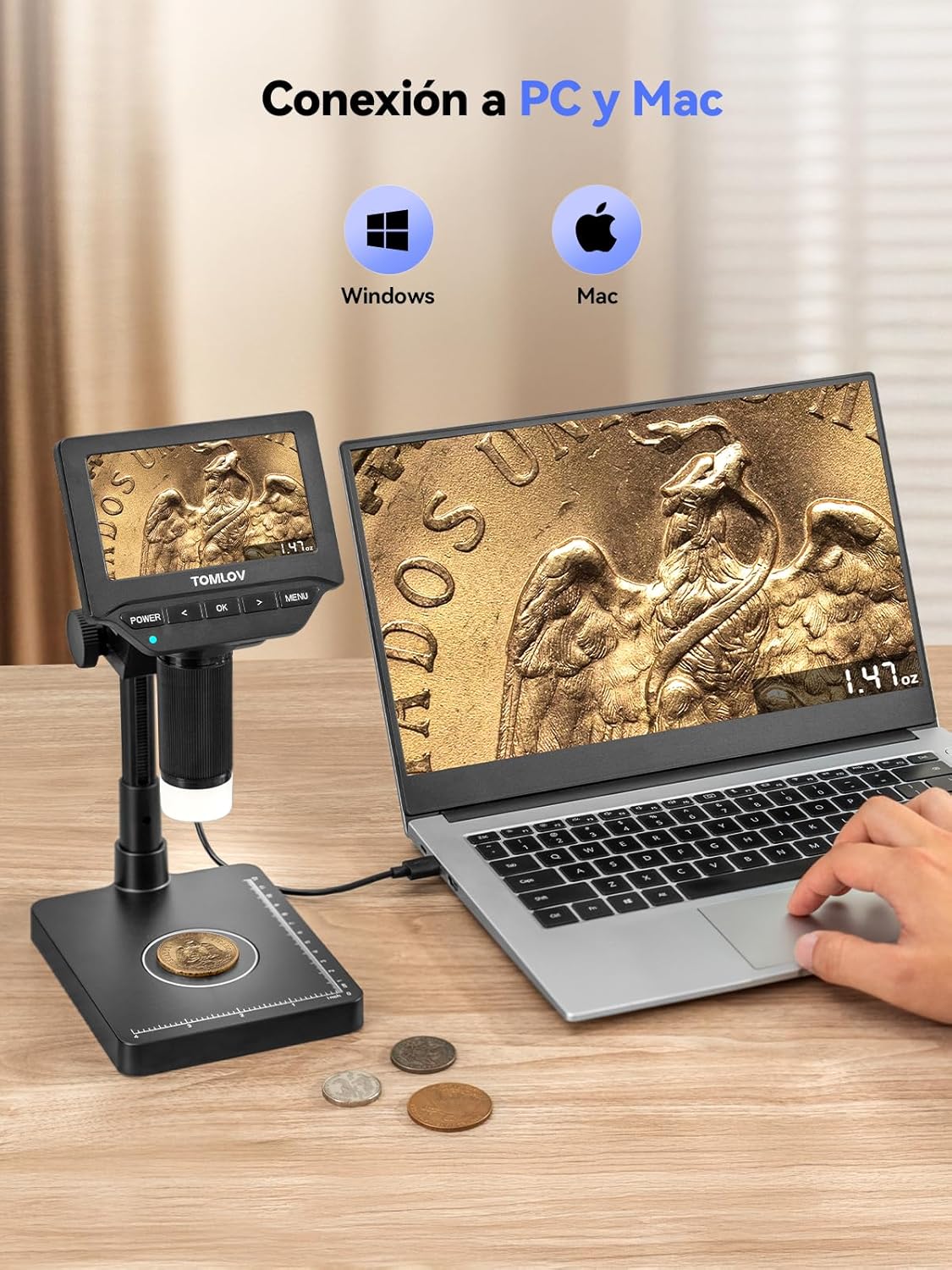 TOMLOV DM4W microscope connected to a laptop, displaying the magnified image on both screens